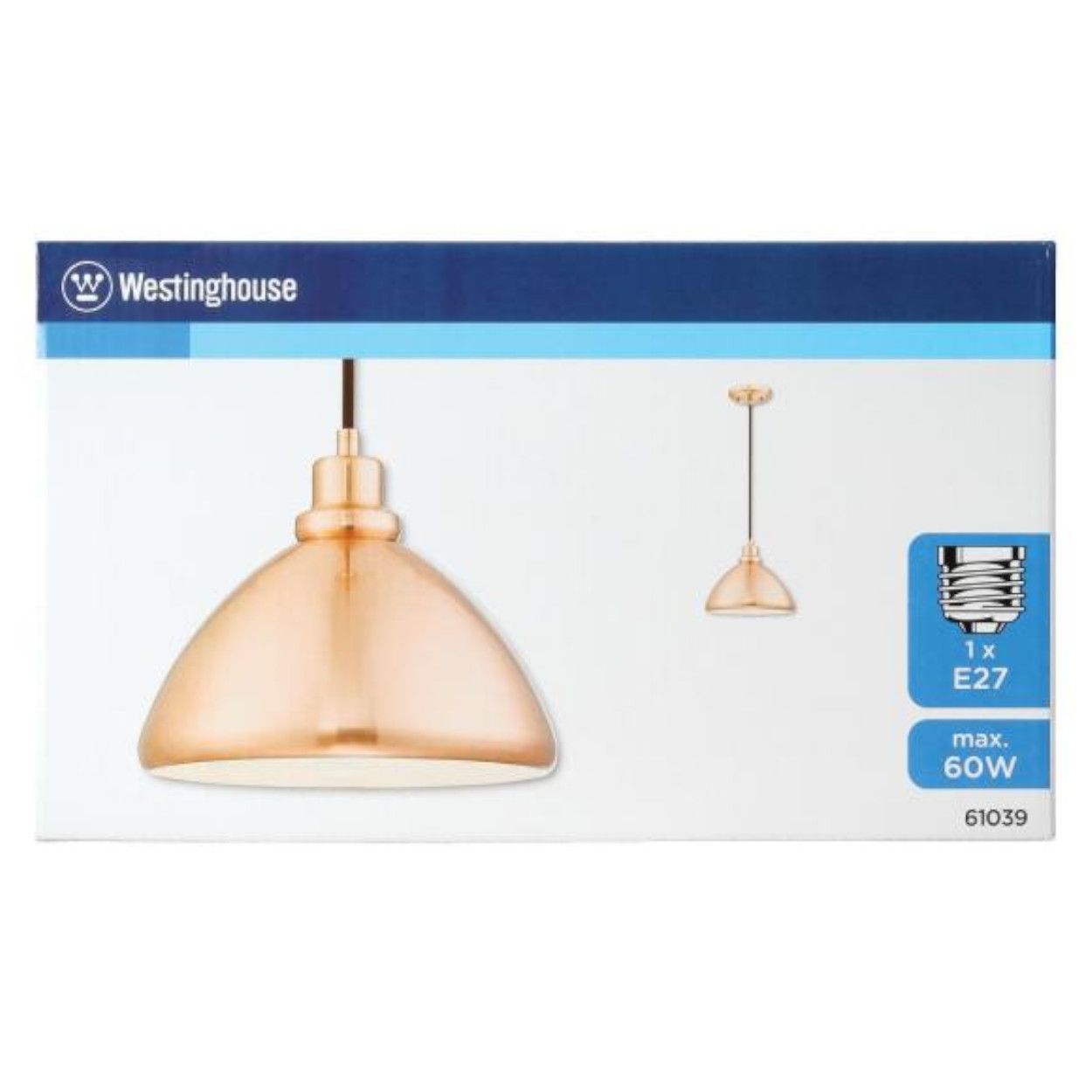 Eine Westinghouse-Box zeigt eine kupferfarbene Pendelleuchte. Ein kleineres Bild der Leuchte befindet sich rechts. Spezifikationen: E27 und max. 60W.