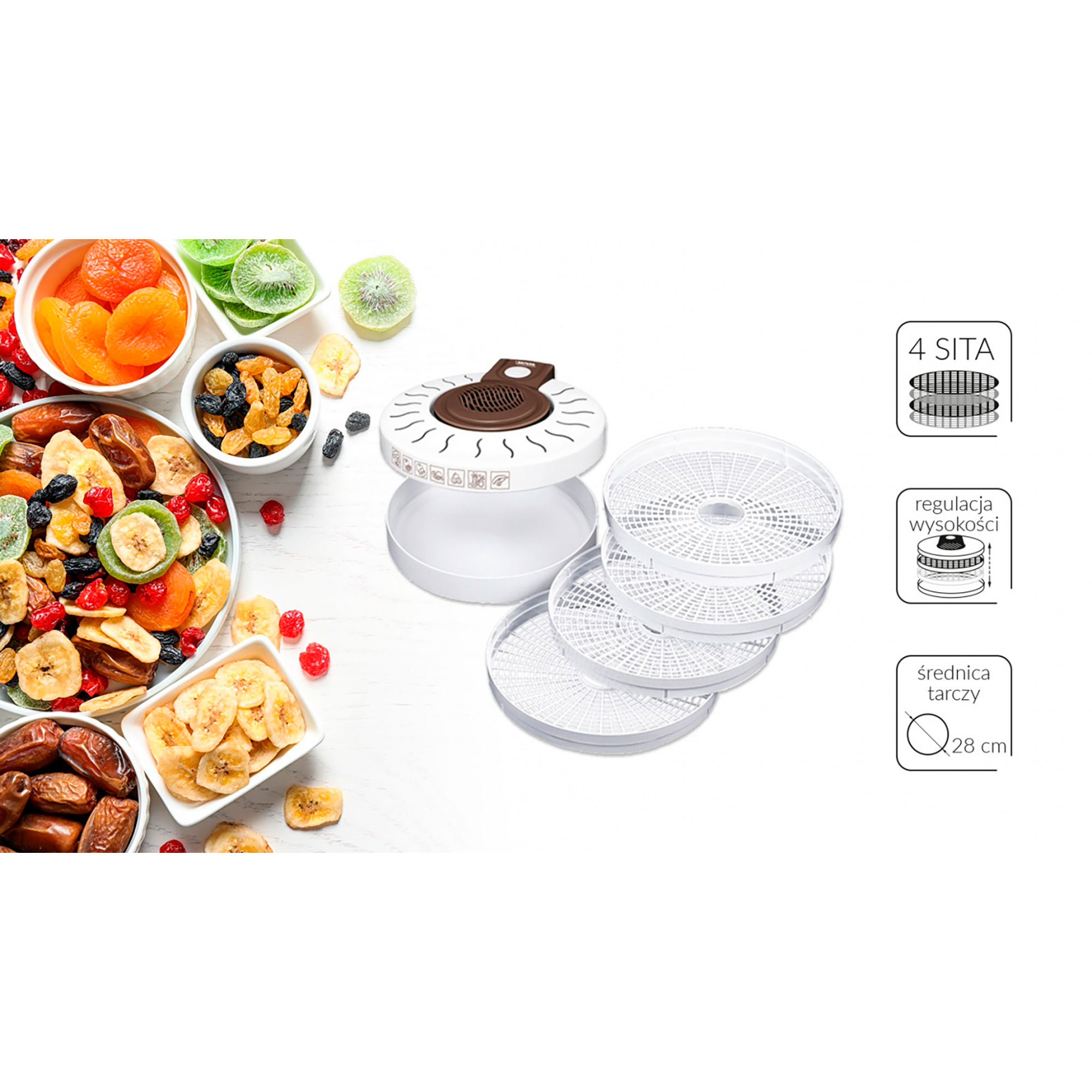 Deshidratador de alimentos con frutas deshidratadas y una bandeja. Bandejas blancas y mango marrón.
