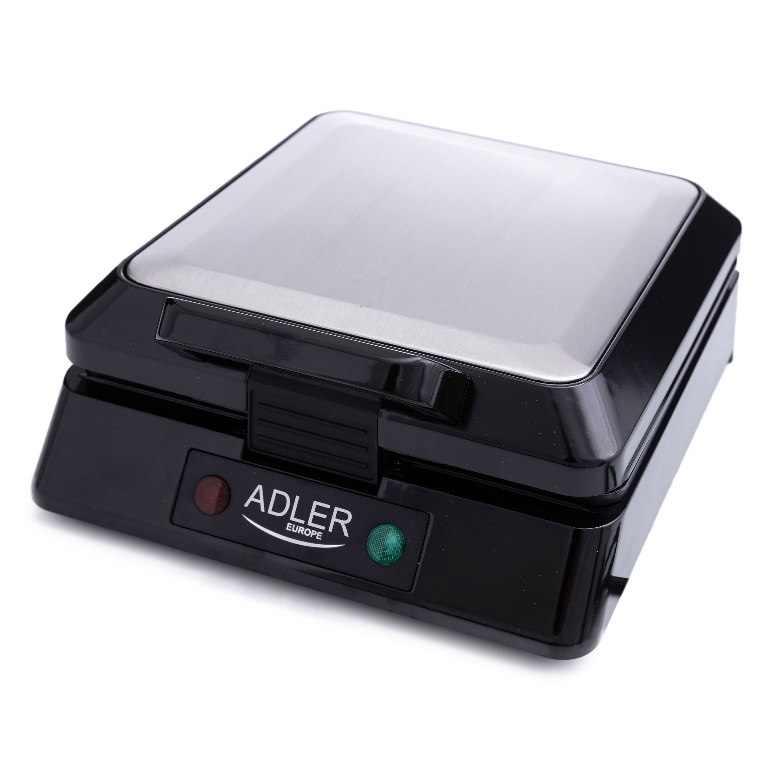 Czarno-srebrna gofrownica. Czerwone i zielone światła wskazują zasilanie i gotowość.