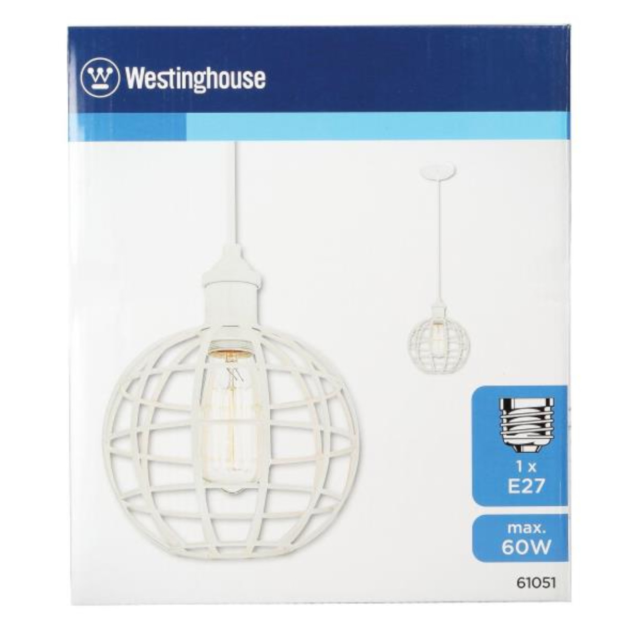 Eine Schachtel mit Westinghouse-Glühbirne. Die Schachtel zeigt eine Glühbirne und ein käfigartiges Lampendesign.