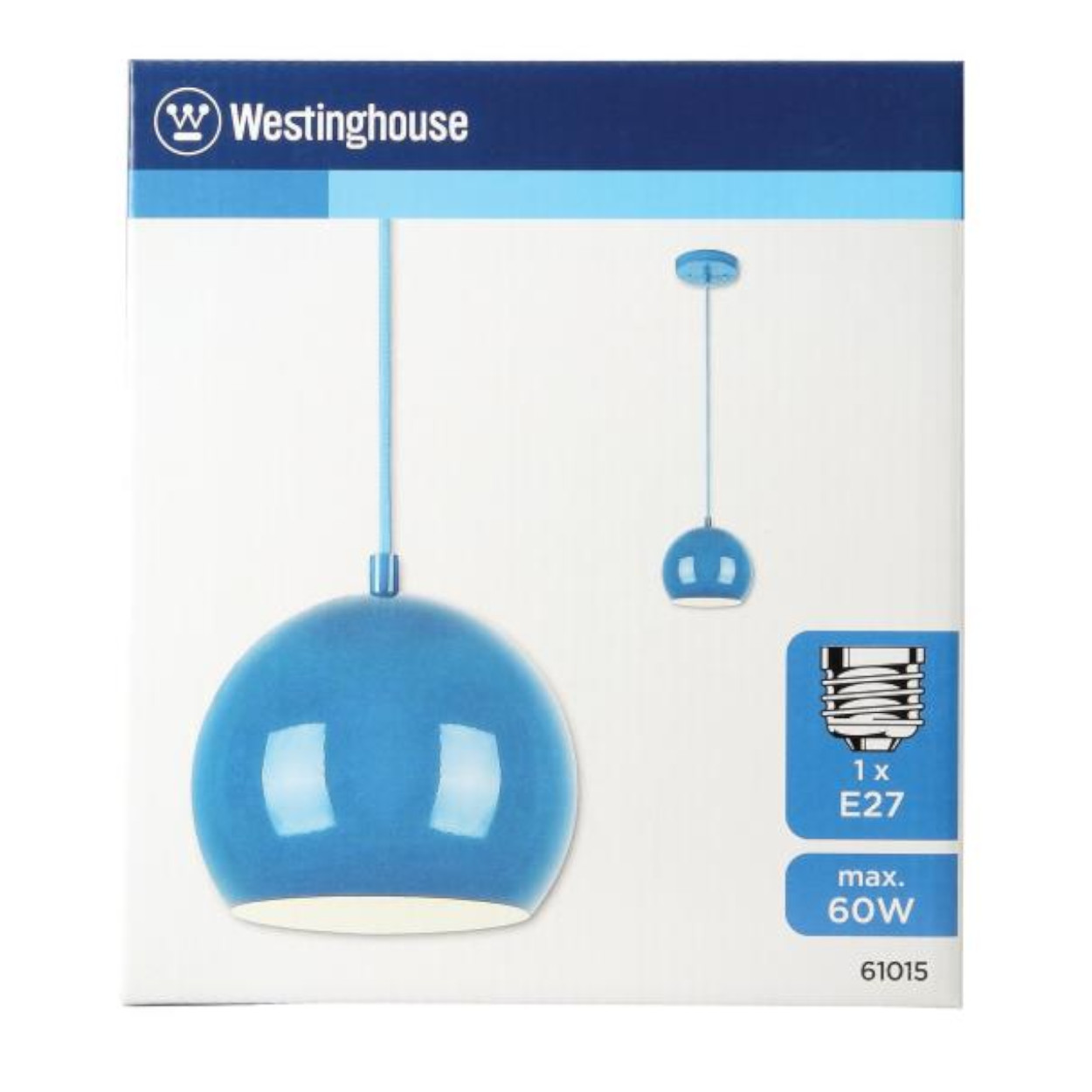 Eine blaue Pendelleuchte in einer Box, mit einer kleineren Version rechts gezeigt.