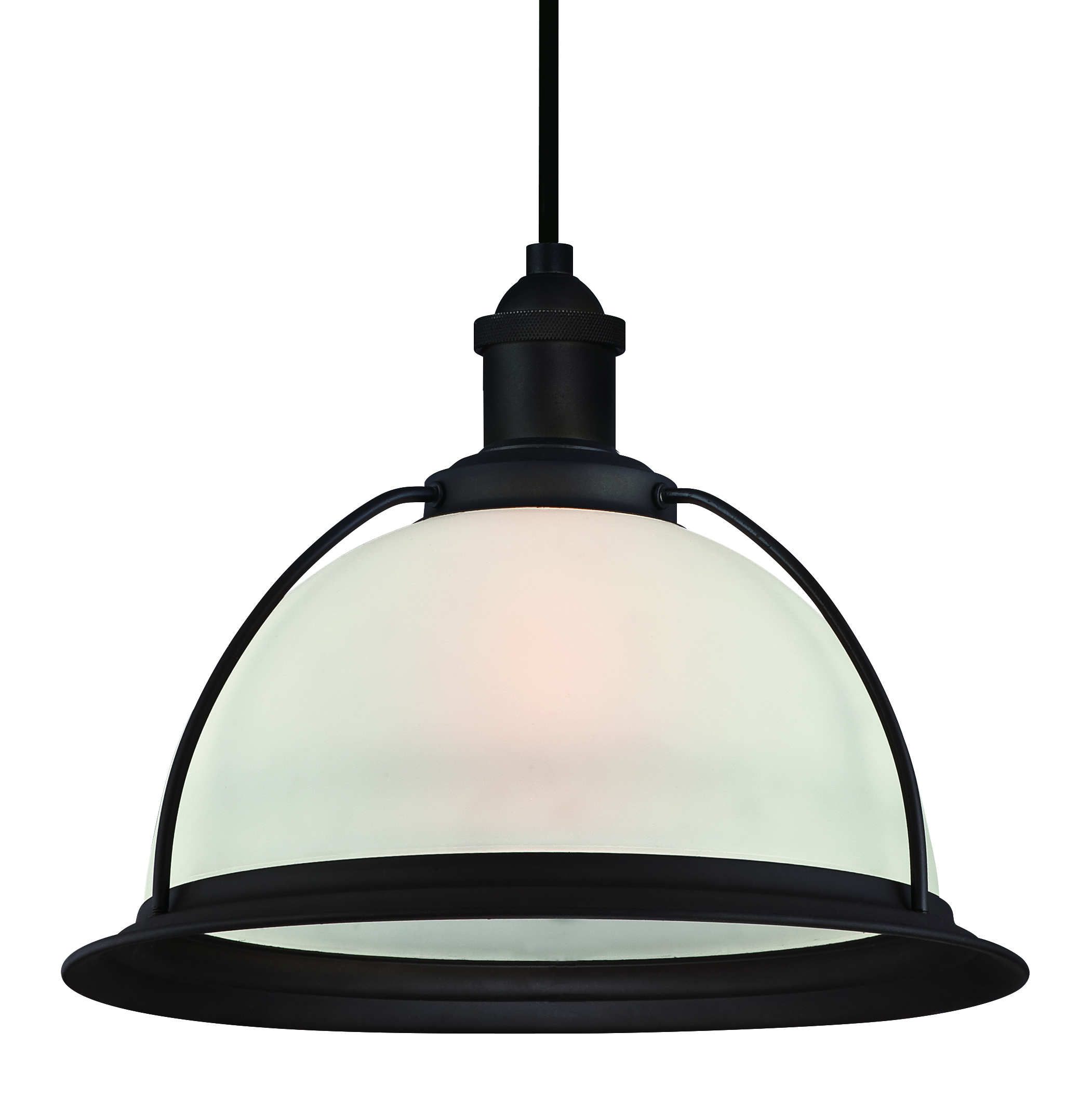 Schwarz-weiße Pendelleuchte. Milchglasschirm. Dunkles Bronze-Finish. Weißer Hintergrund.