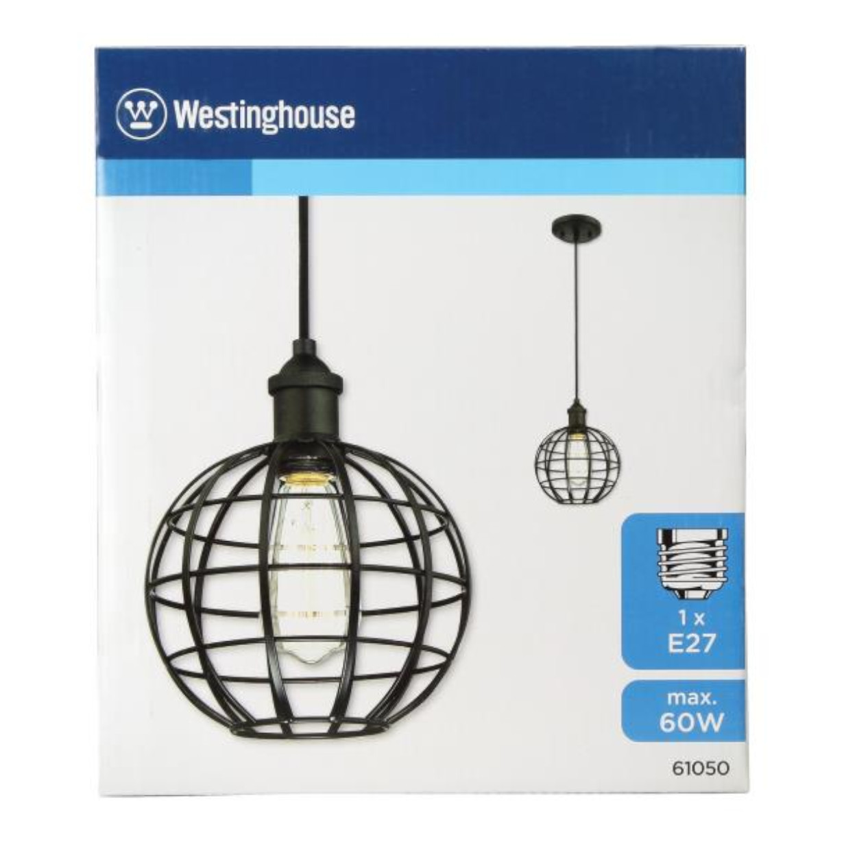 Box zeigt Westinghouse Pendelleuchte. Es ist eine kugelförmige Käfiglampe mit einer E27-Glühbirne. Max. 60W. Schwarz-Weiß-Design.