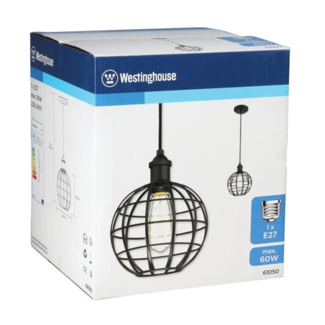 Eine Westinghouse-Leuchtenbox. Die Box zeigt eine schwarze Käfigleuchte mit einer klaren Glühbirne.
