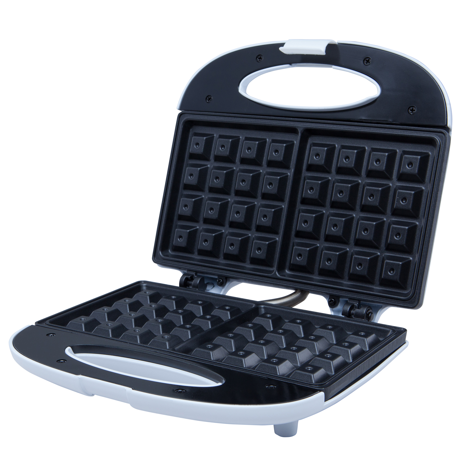 Otwarta biała gofrownica z czarnym wnętrzem, gotowa do użycia.