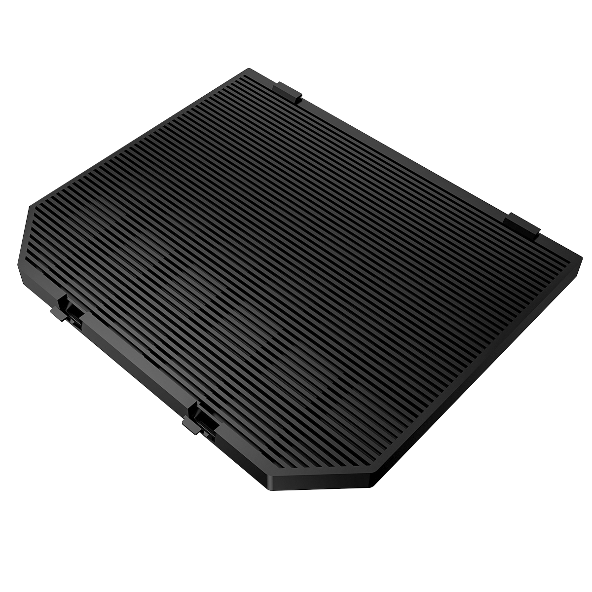 Un appareil noir, rectangulaire avec des lignes horizontales. Il semble être un composant informatique.