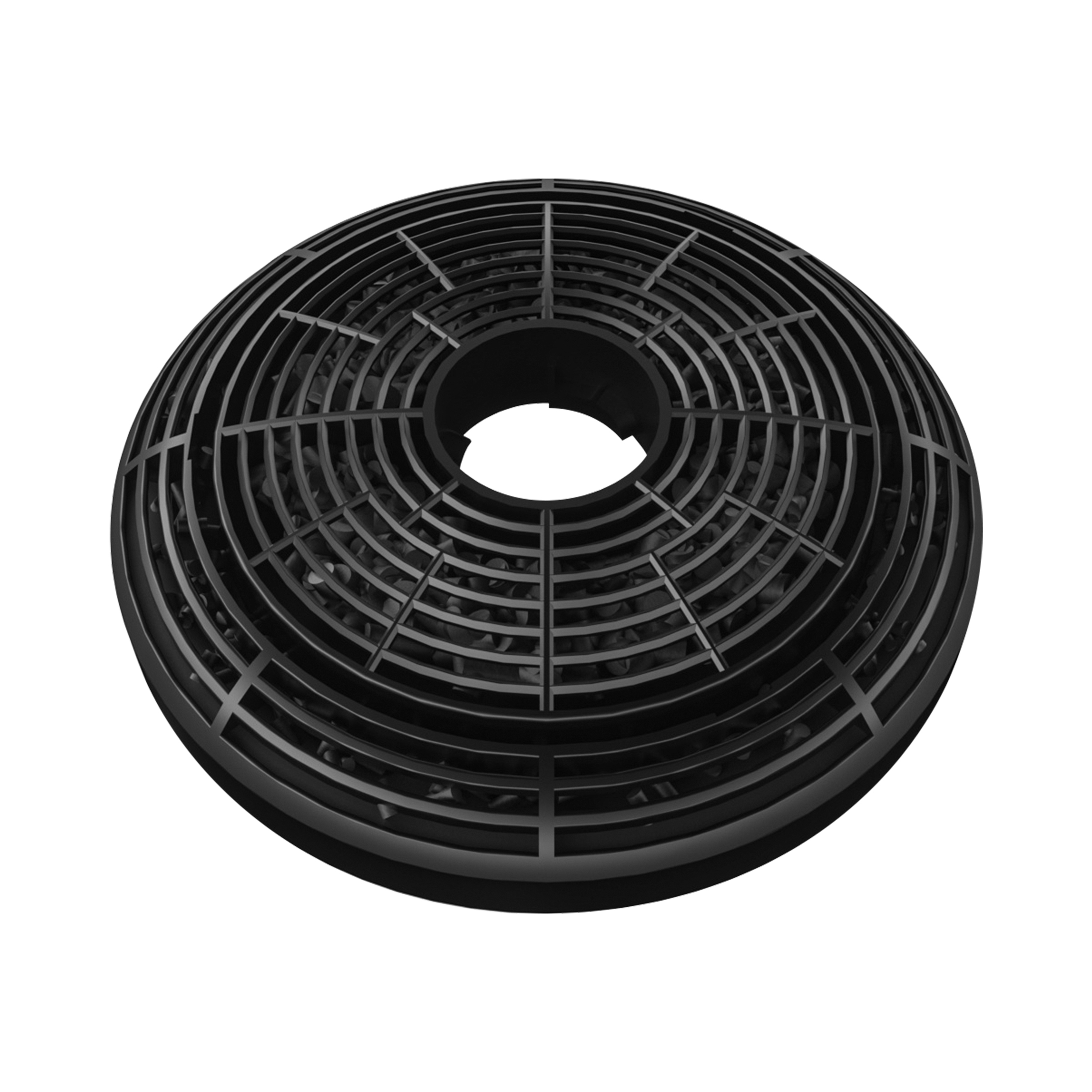 Filtre à air rond noir. Design circulaire avec motif de grille. Fond blanc.