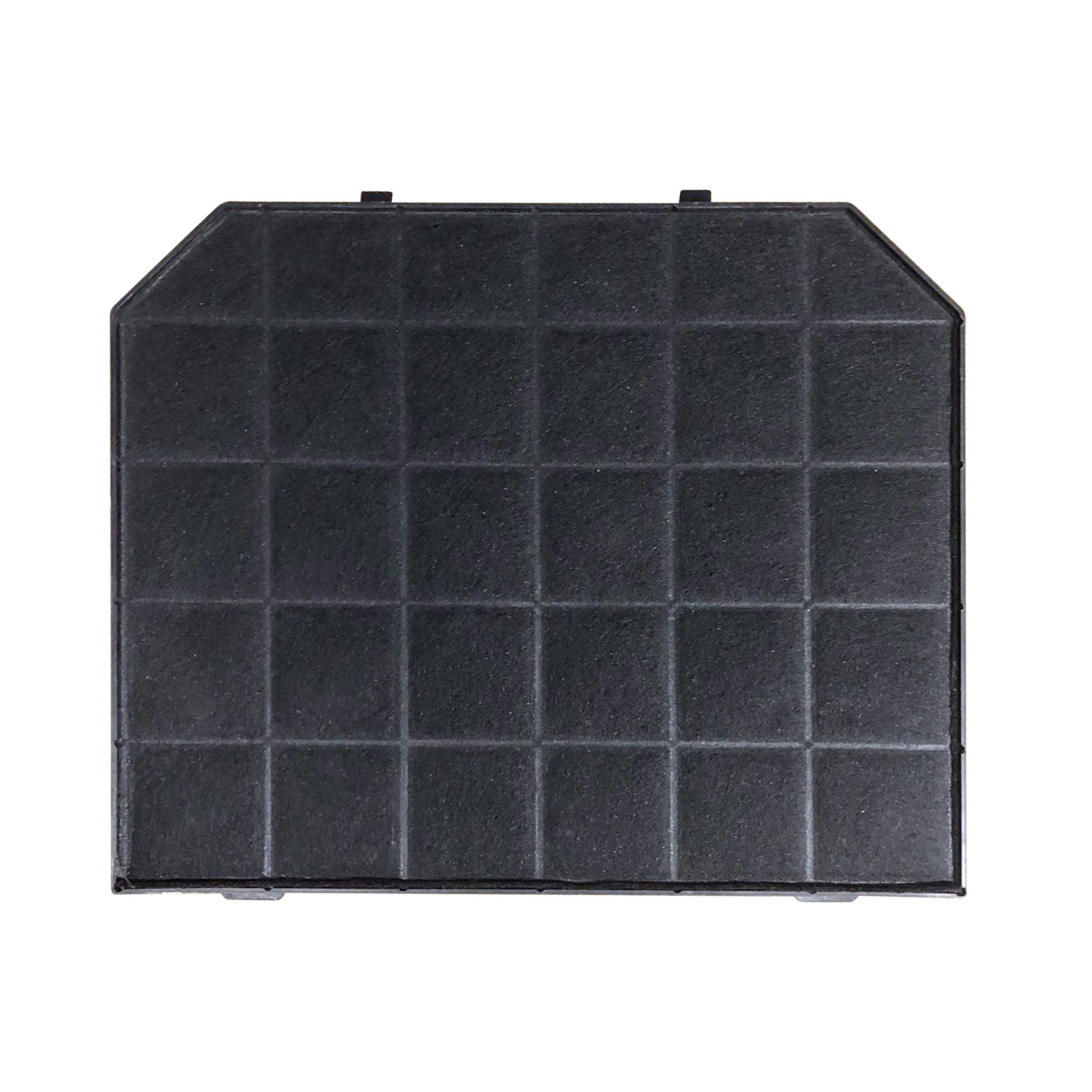 A black, rectangular carbon filter with a grid pattern.