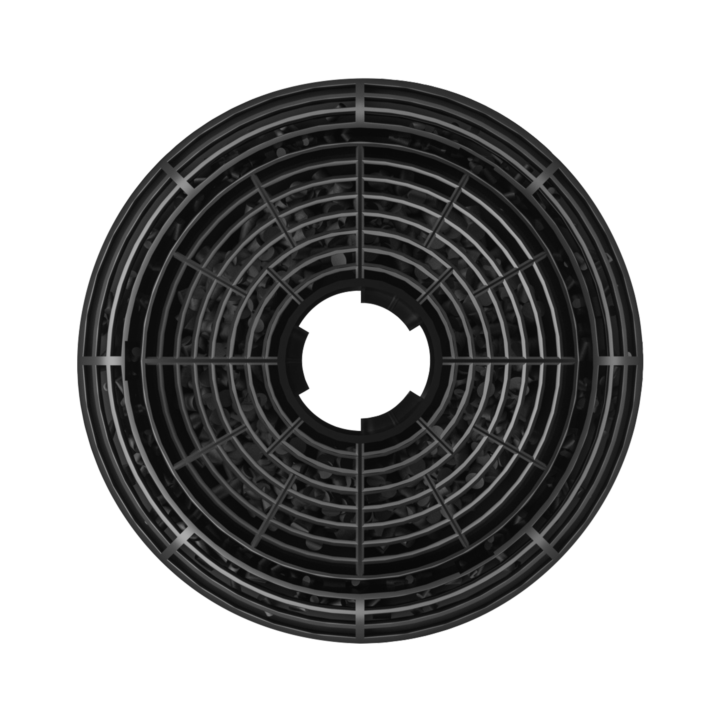 Zwart rond luchtfilter met concentrische cirkels van metaal en een donker materiaal.