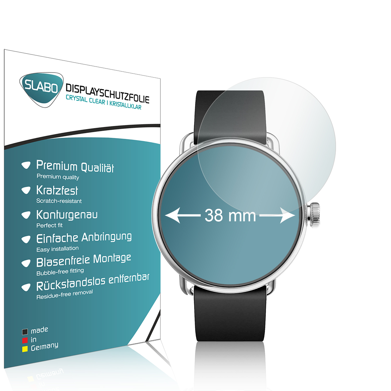 SLABO 4 x Displayschutzfolie Clear Smartwatch 38 Displayschutz(für mm) Ø Crystal Kreisrund, Durchmesser: | Armbanduhr
