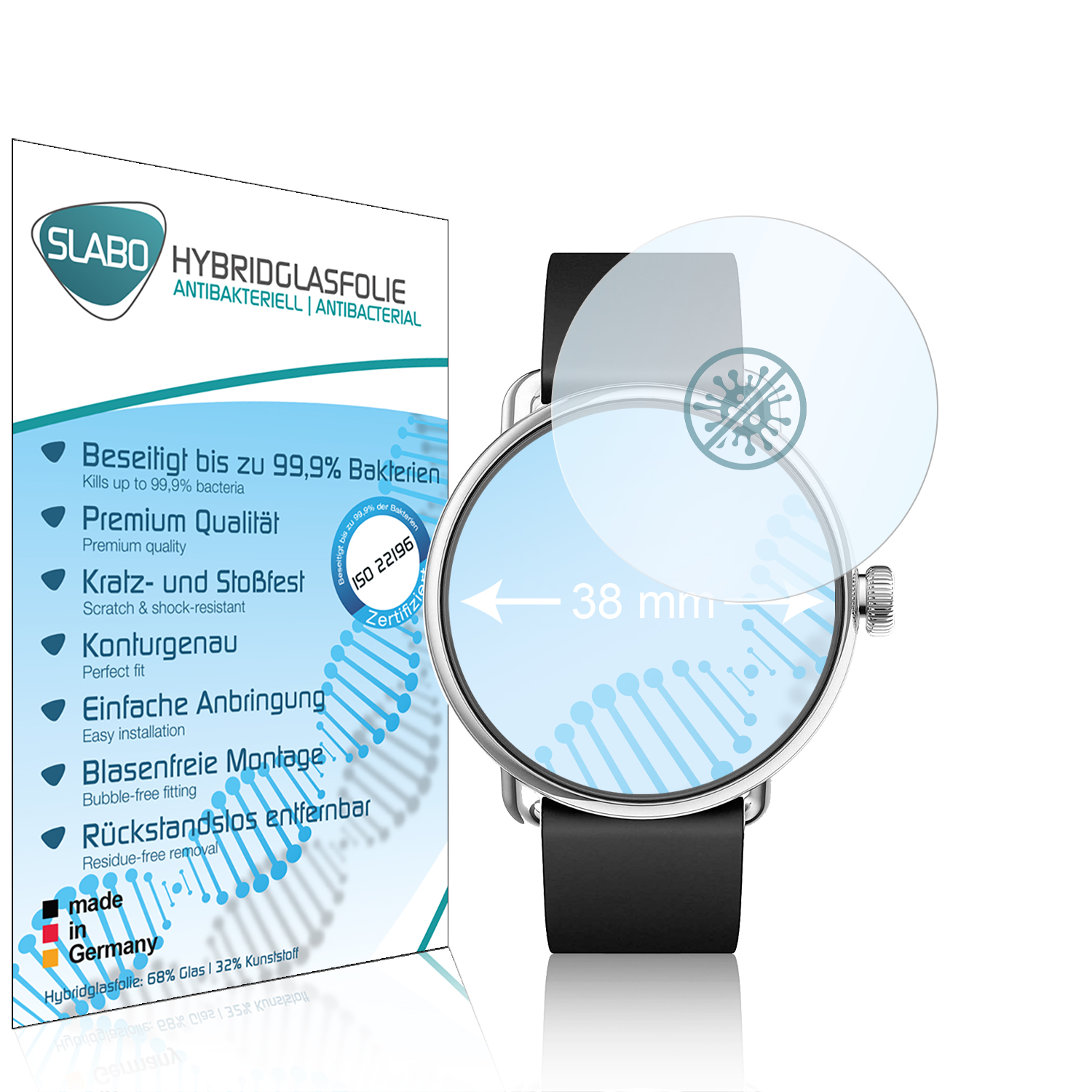 Kreisrund, 38 | flexible mm) Armbanduhr Displayschutz(für Smartwatch Hybridglasfolie antibakterielle Durchmesser: Ø SLABO