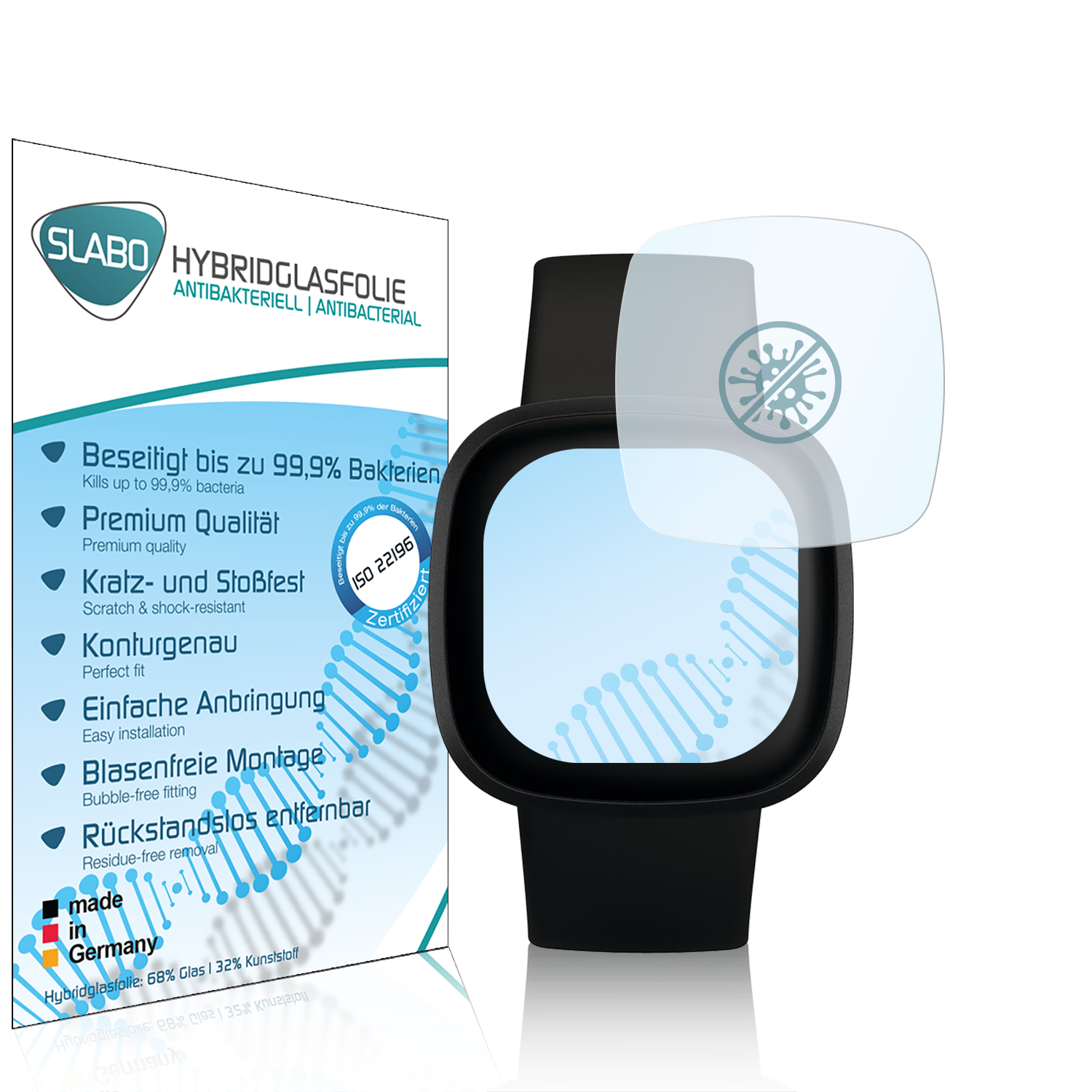 Smartwatch-Displayschutz mit Smartwatch und Box.