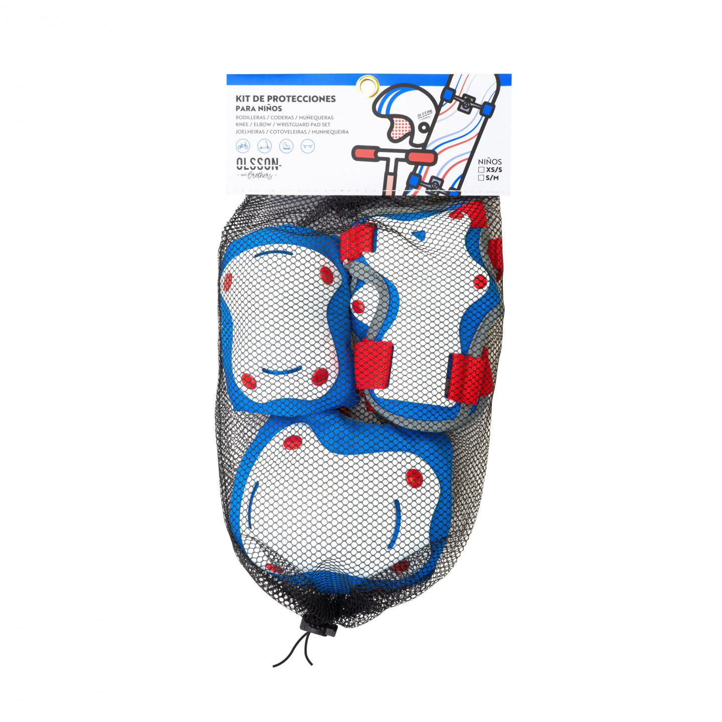 Juego de equipo de protección para niños: rodilleras, coderas y muñequeras en una bolsa de malla.