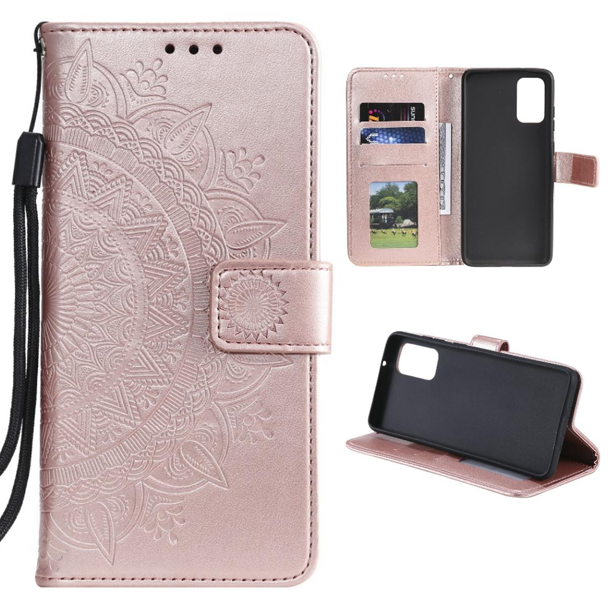 Rosa Handyhülle mit Mandala-Muster. Geöffnet, mit Kartenfächern und einem Telefon. Abnehmbare Handyhülle.