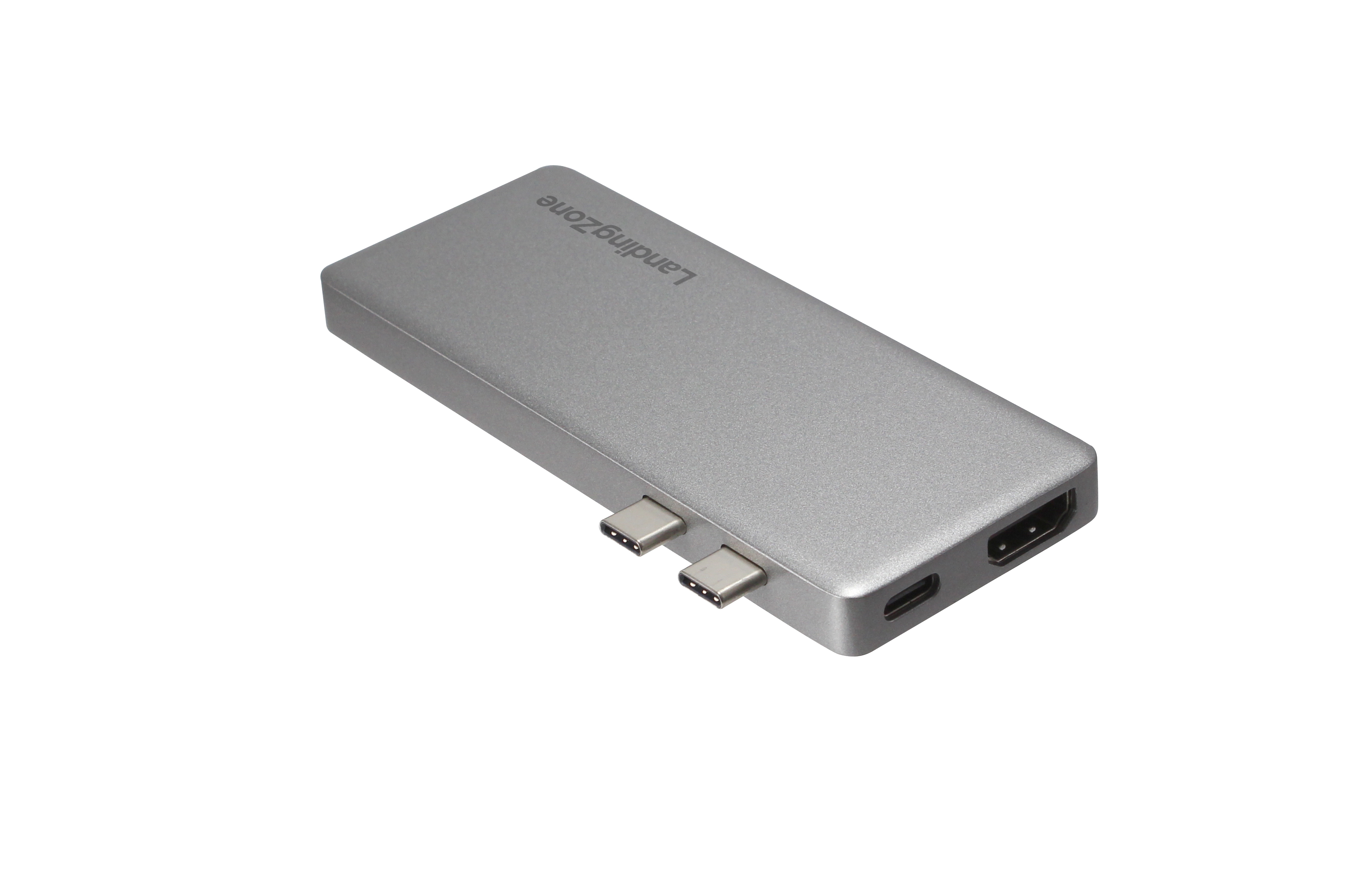 Silberner LandingZone-Hub mit zwei USB-C-Anschlüssen, HDMI-Anschluss und schlankem Design.