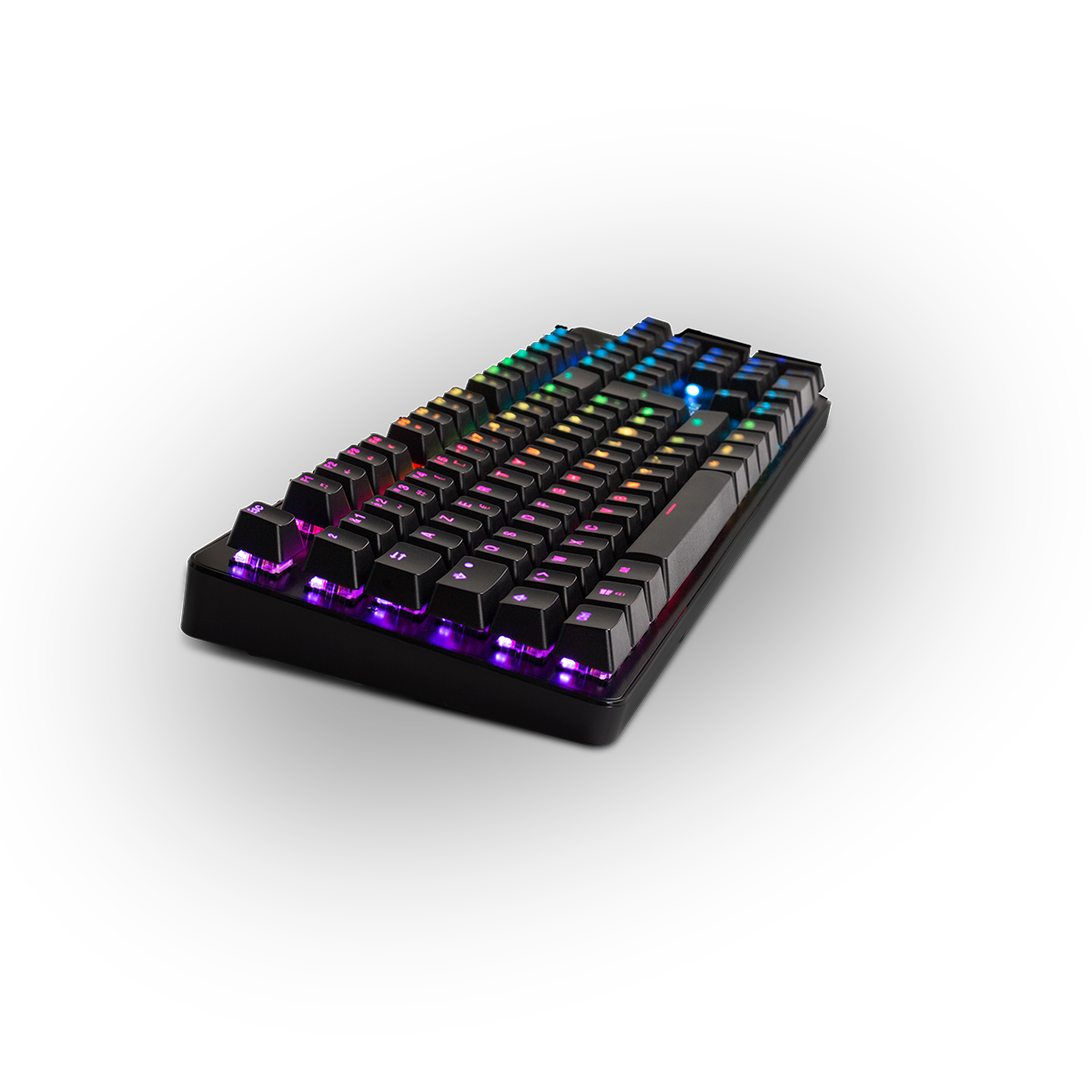 Teclado mecánico negro con teclas multicolores, iluminadas.