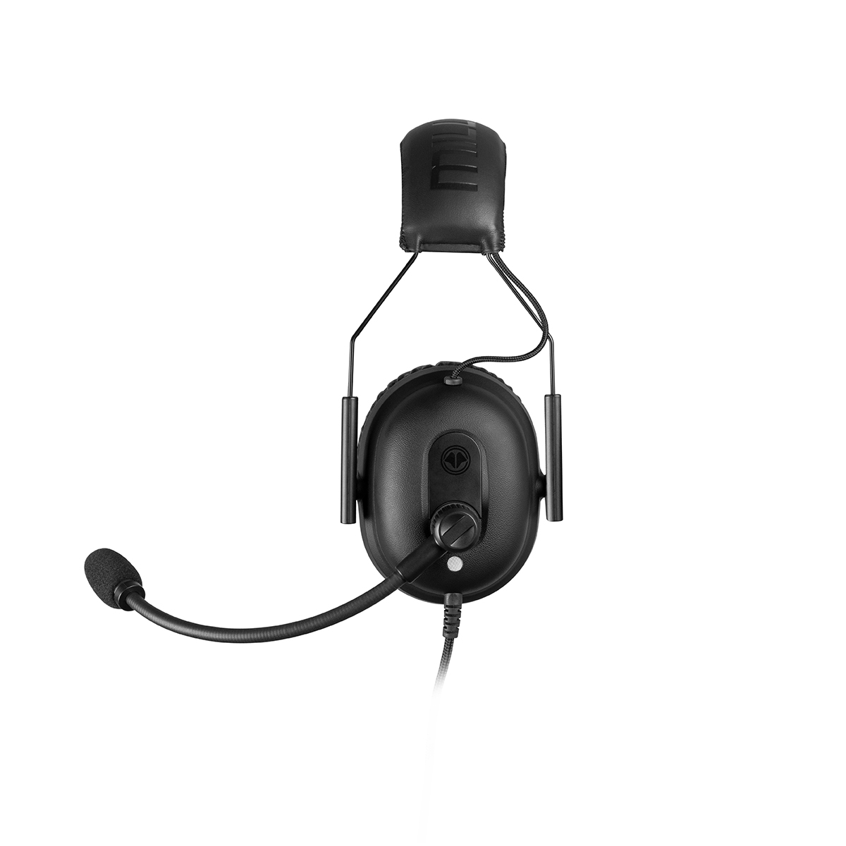 Auriculares negros con micrófono. Tiene diadema, auriculares y brazo de micrófono flexible.