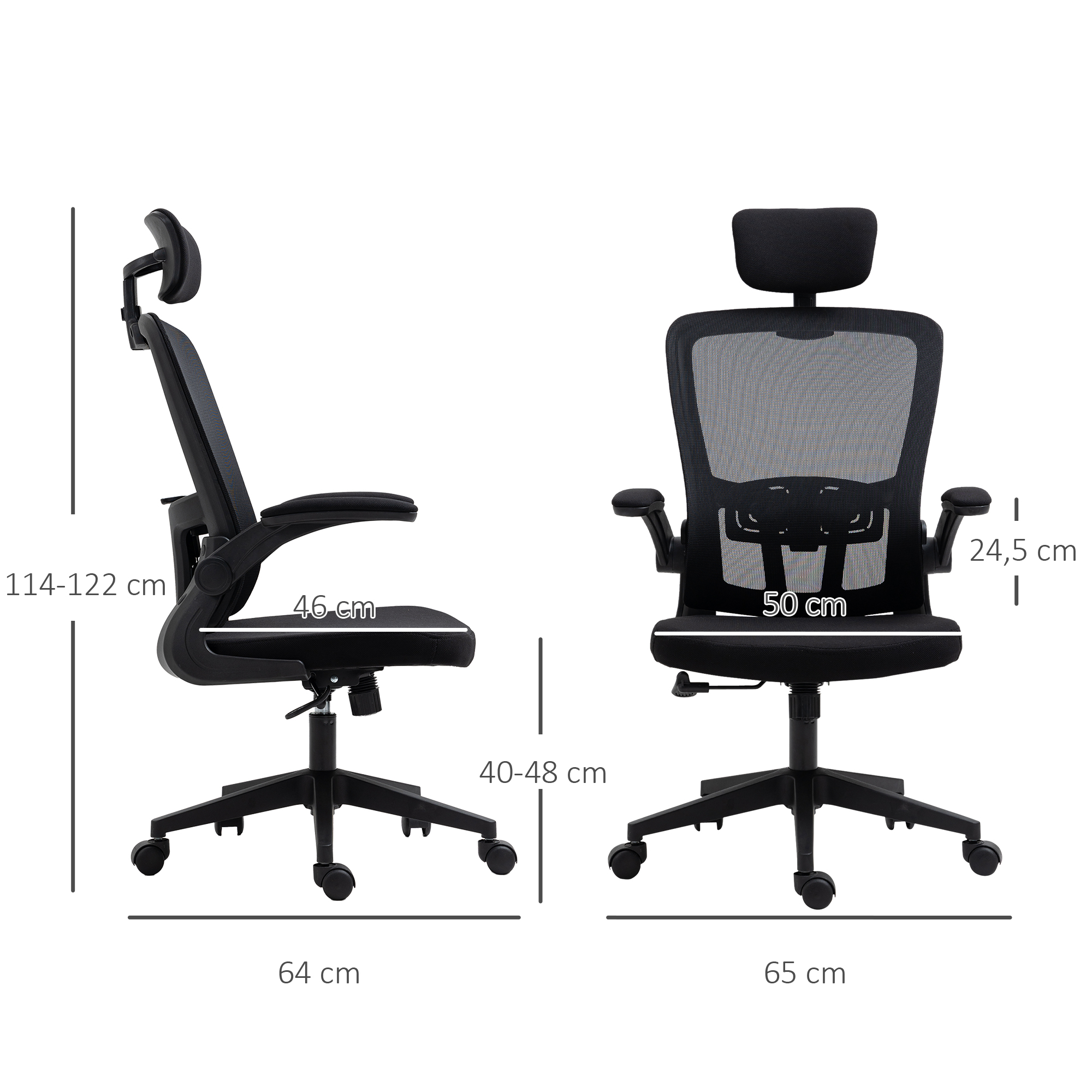 Silla de oficina, vista lateral y frontal, con dimensiones etiquetadas sobre fondo blanco.