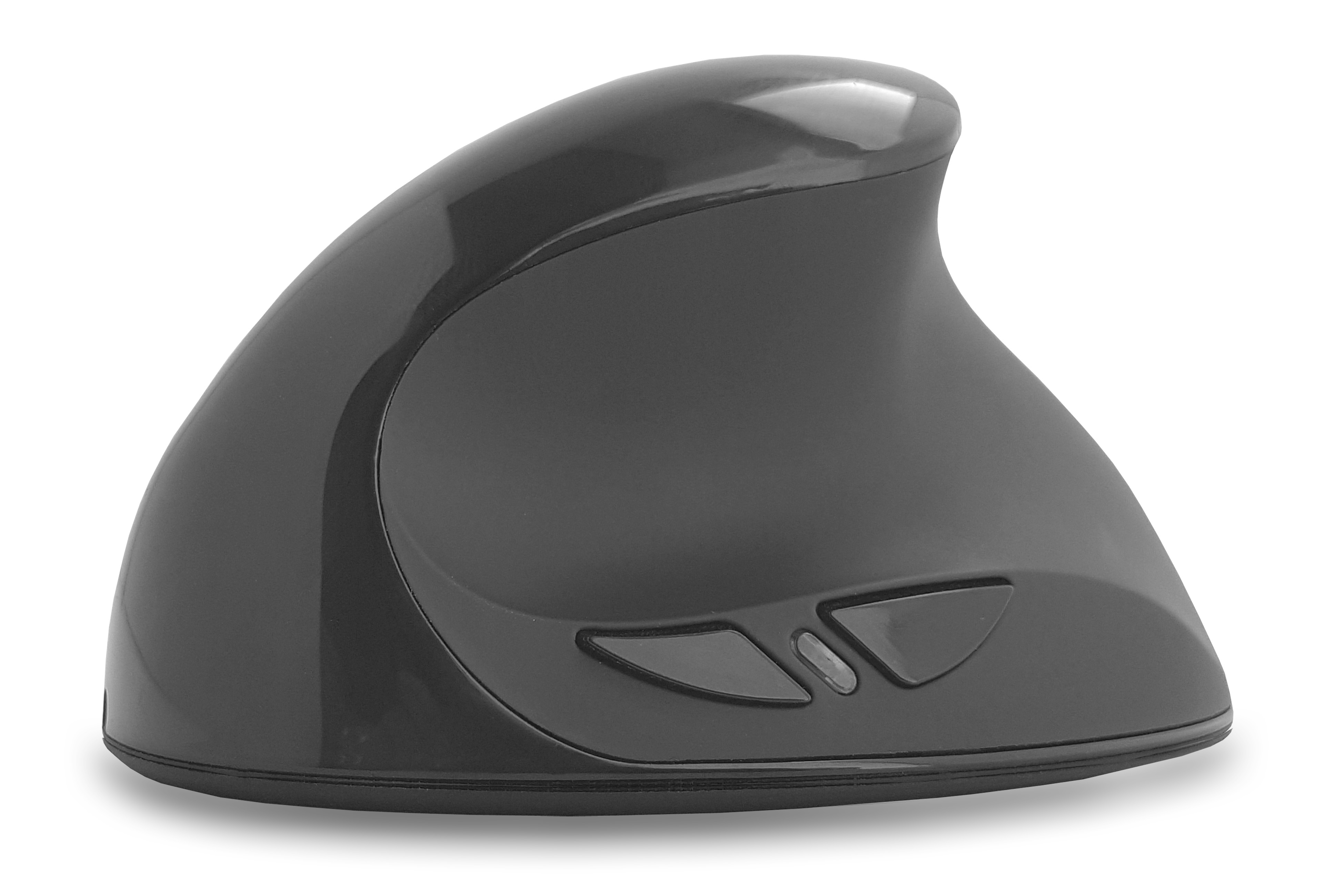 Eine graue ergonomische Maus mit Tasten und geschwungenem Design. Sie hat eine erhöhte Oberseite für bequemen Griff.