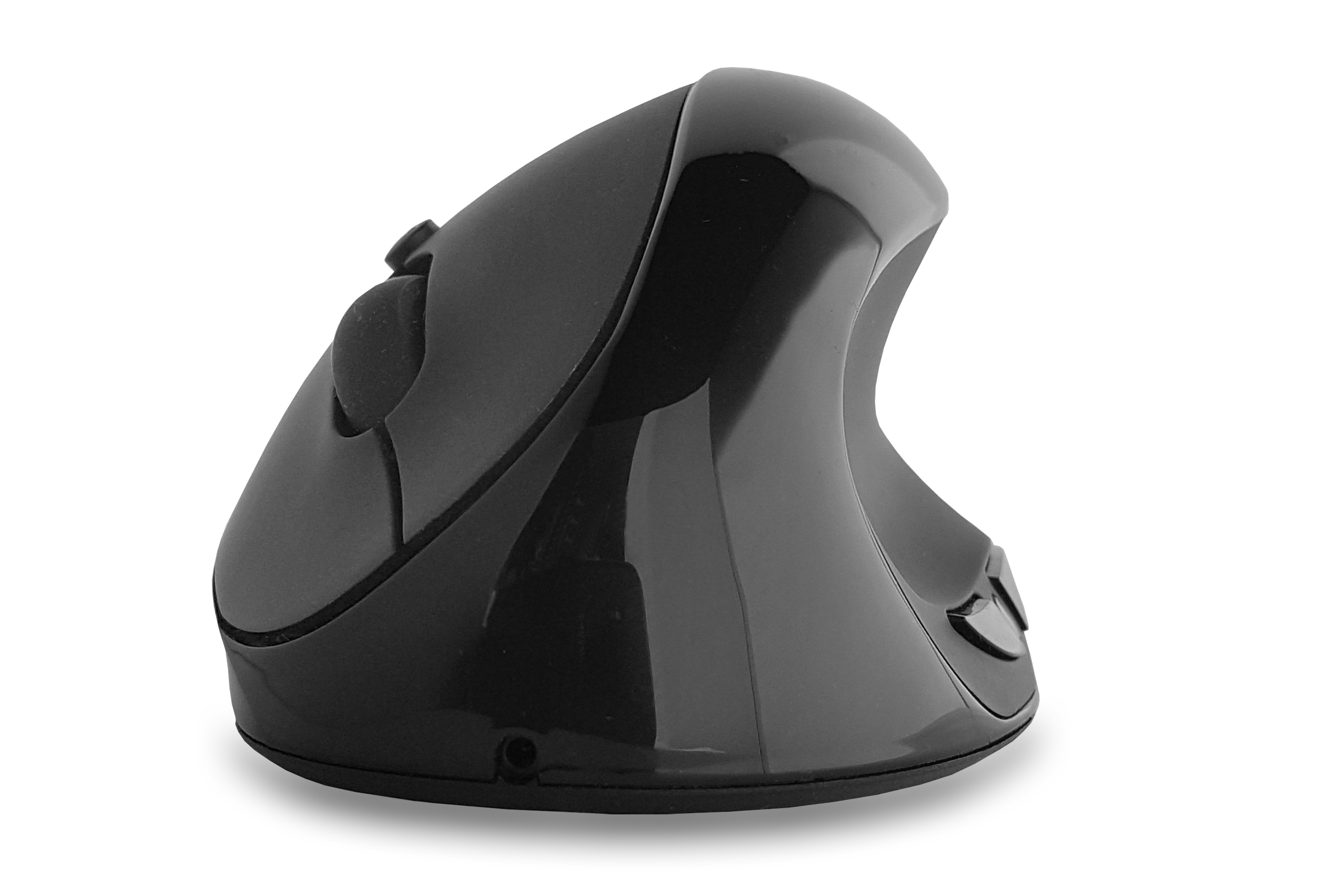 Eine schwarze ergonomische Maus, Seitenansicht. Sie hat ein geschwungenes Design für komfortable Nutzung.