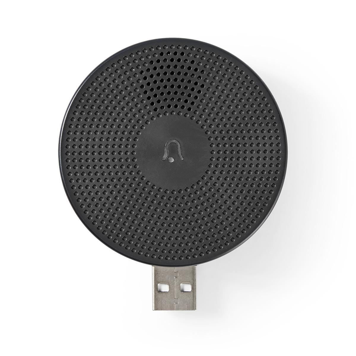 Schwarzer USB-Lautsprecher. Er ist rund mit einem Metall-USB-Anschluss.