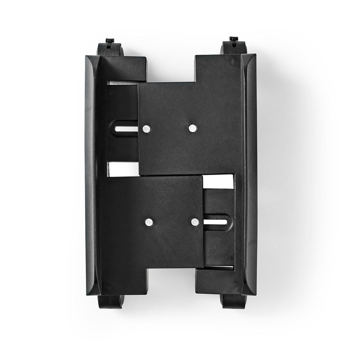 Schwarze Kunststoffhalterung mit rechteckigem Design und mehreren Ausschnitten, auf weißem Hintergrund.