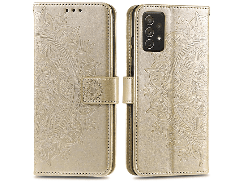 Galaxy A72, Samsung, mit COVERKINGZ Mandala Klapphülle Bookcover, Gold Muster,