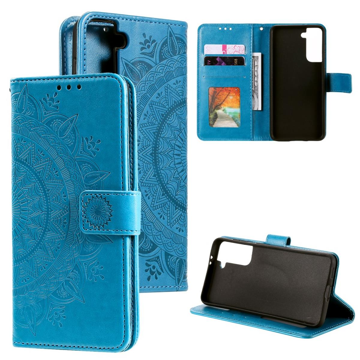 Blaue Handyhülle mit Mandala-Design, offen mit Karten- und Telefonfächern.