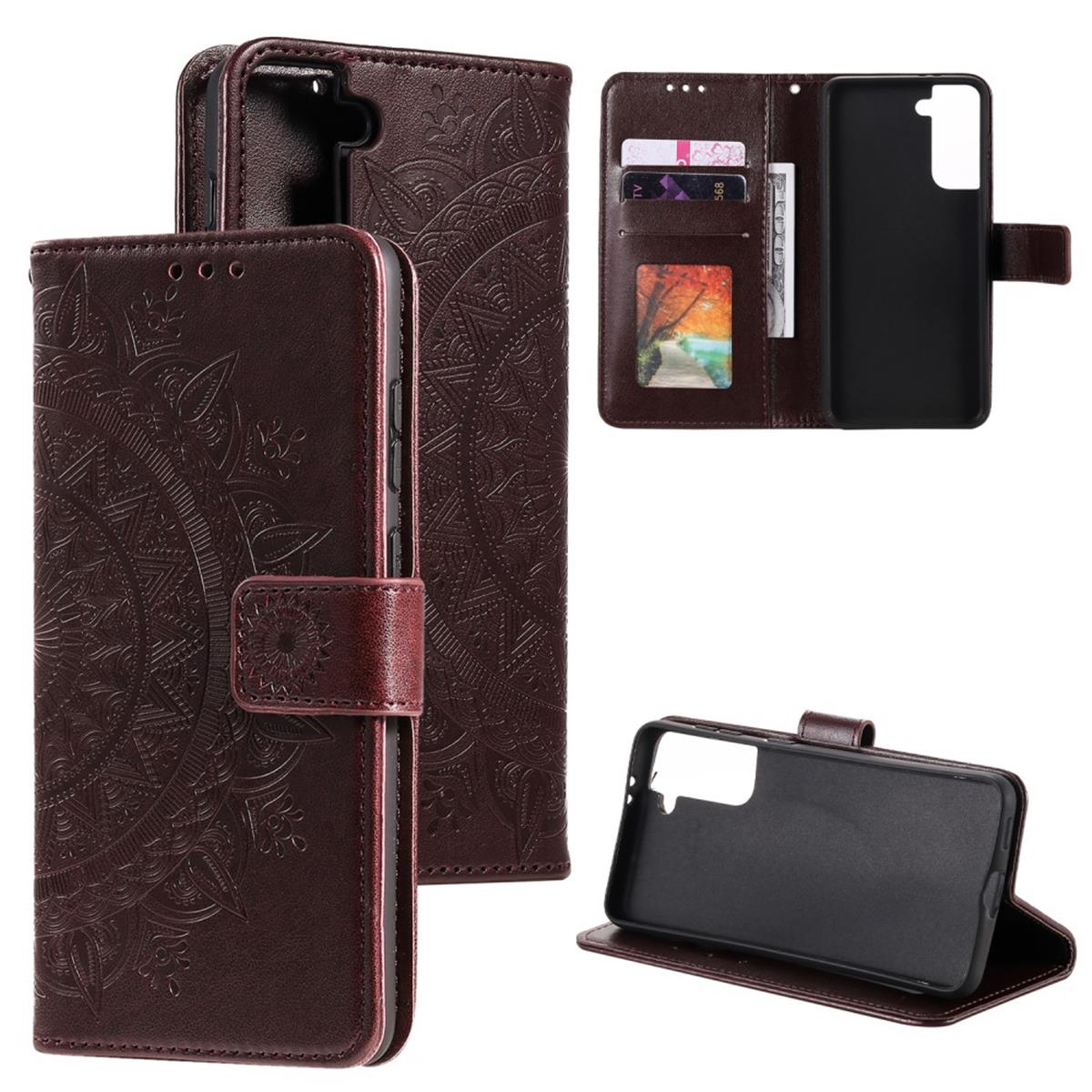 Braune Handyhülle mit Mandala-Design, offen, mit Karten und Telefon. Verschiedene Blickwinkel.