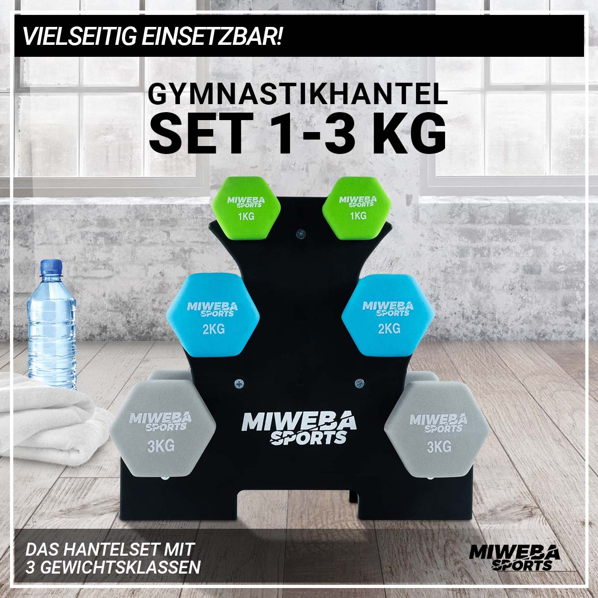 Hantel-Set mit Gewichten auf einem schwarzen Ständer.