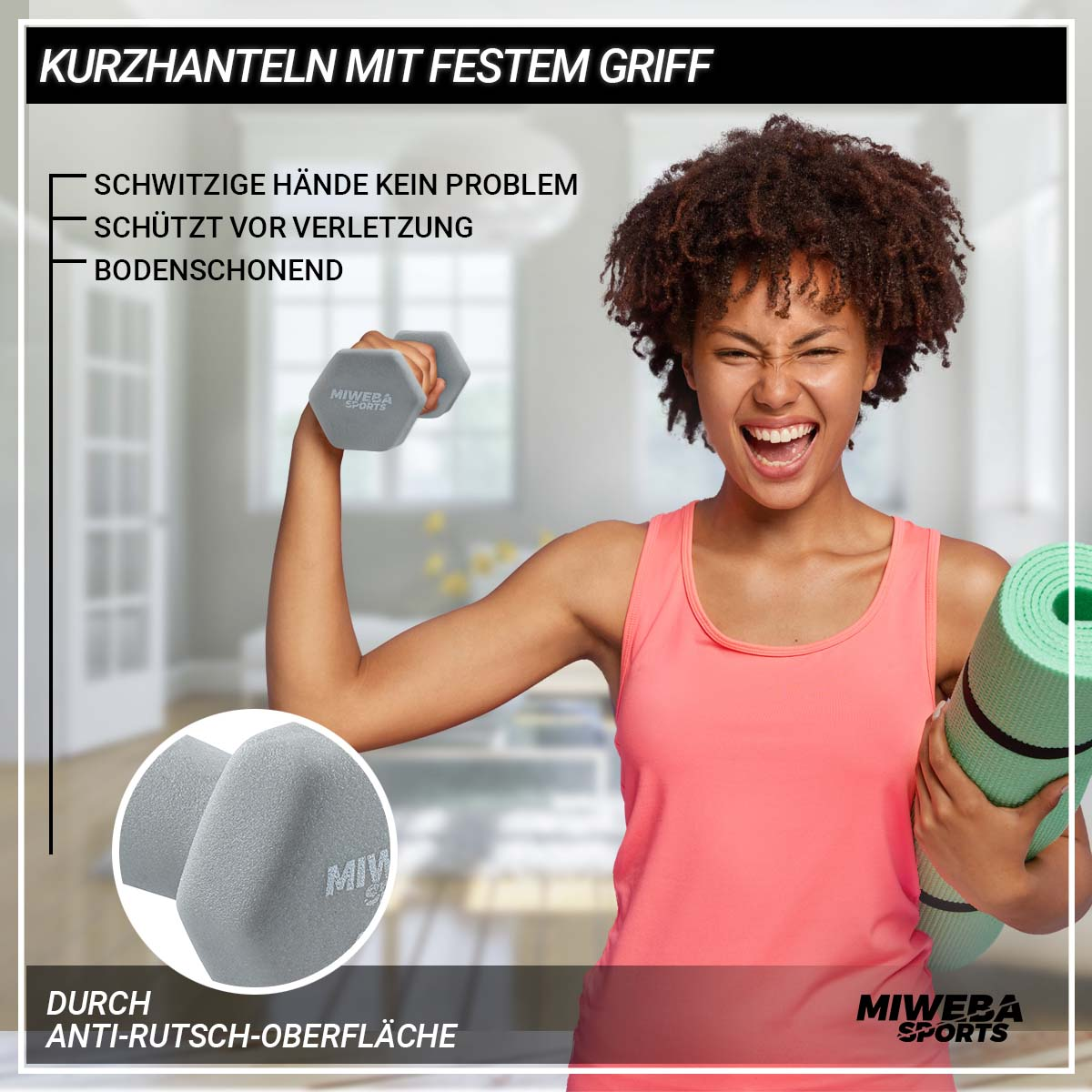 Eine Frau hält Gewichte und eine Yogamatte und lächelt. Text erwähnt schweißfreie Hände und Verletzungsschutz.