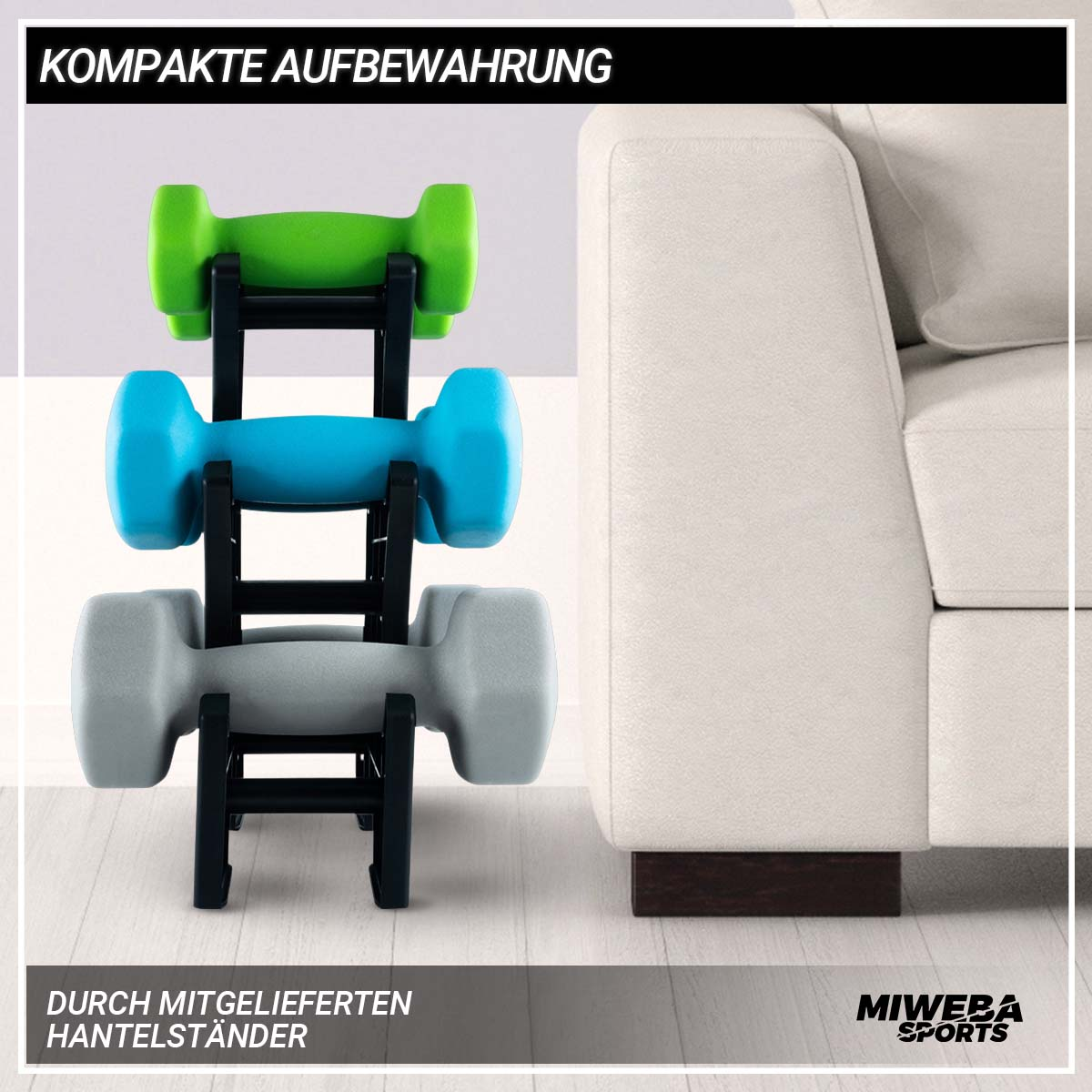 Drei Kurzhanteln auf einem Ständer. Kurzhanteln sind grün, blau und grau. Text oben lautet 'Kompakte Aufbewahrung'.