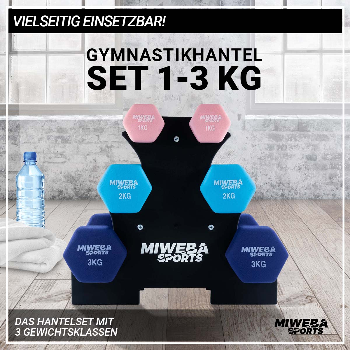 Hantelset mit Gewichten von 1-3 kg. Enthält ein Handtuch und eine Wasserflasche. Schwarzer Ständer.