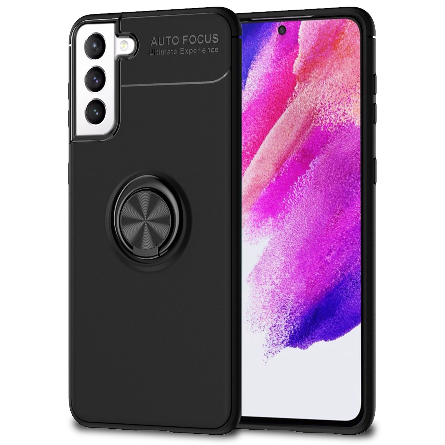 Funda negra para teléfono con soporte de anillo sobre fondo blanco. Teléfono en la funda.