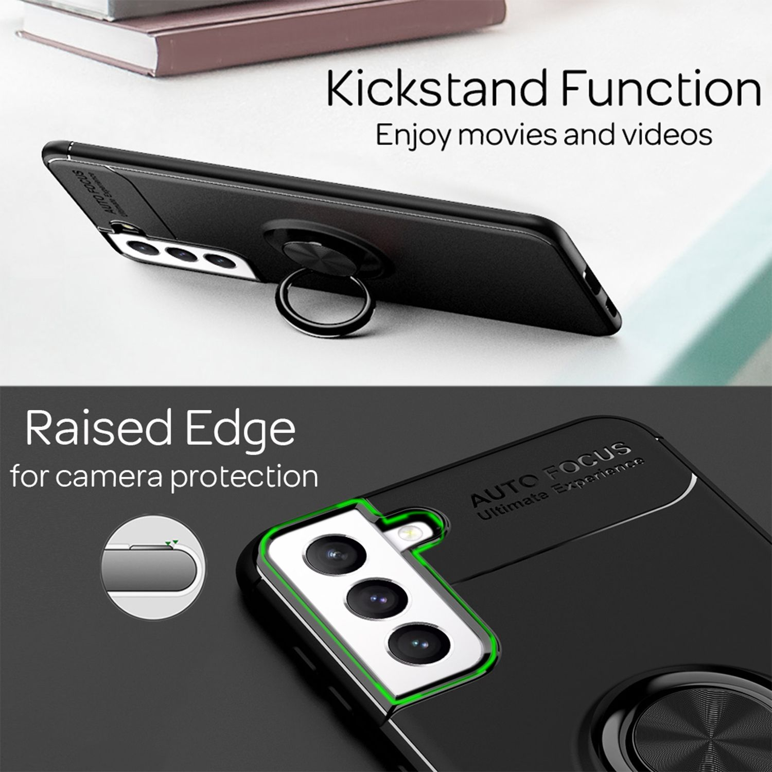 Funda negra para teléfono con borde elevado para protección de la cámara y un soporte de anillo. Texto: Enfoque automático.