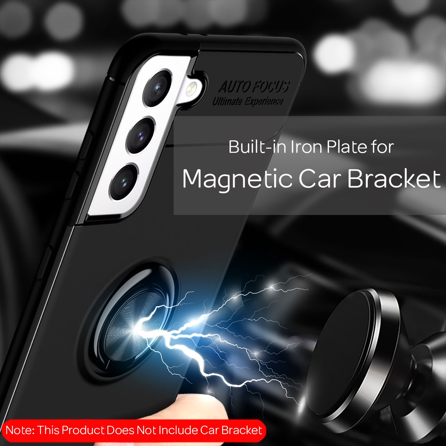 Una funda negra para teléfono con un anillo magnético. El teléfono está contra un fondo borroso.