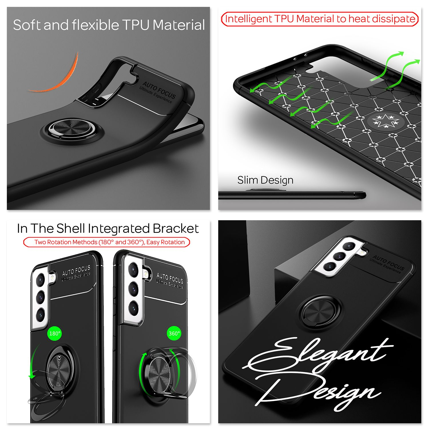Funda de teléfono con diferentes vistas. Muestra el teléfono en la funda. Cuenta con un soporte de anillo y tiene un diseño delgado.