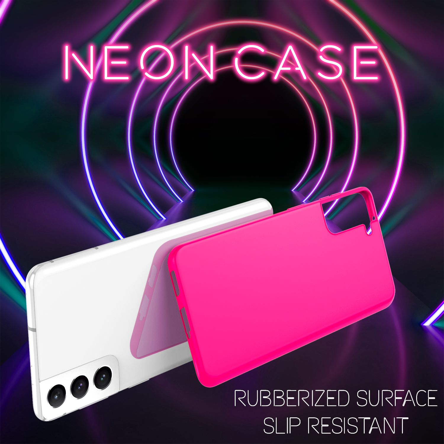 Eine pinke Handyhülle mit einem weißen Telefon. Die Hülle trägt die Aufschrift 'NEON CASE' und 'RUBBERIZED SURFACE'.