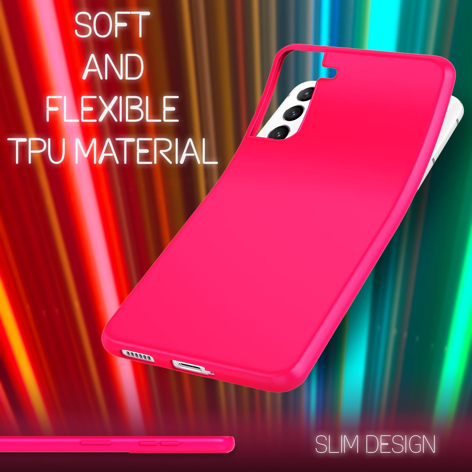 Eine pinkfarbene Handyhülle mit Telefon, mit Text. Verschwommener Hintergrund mit Farbe.