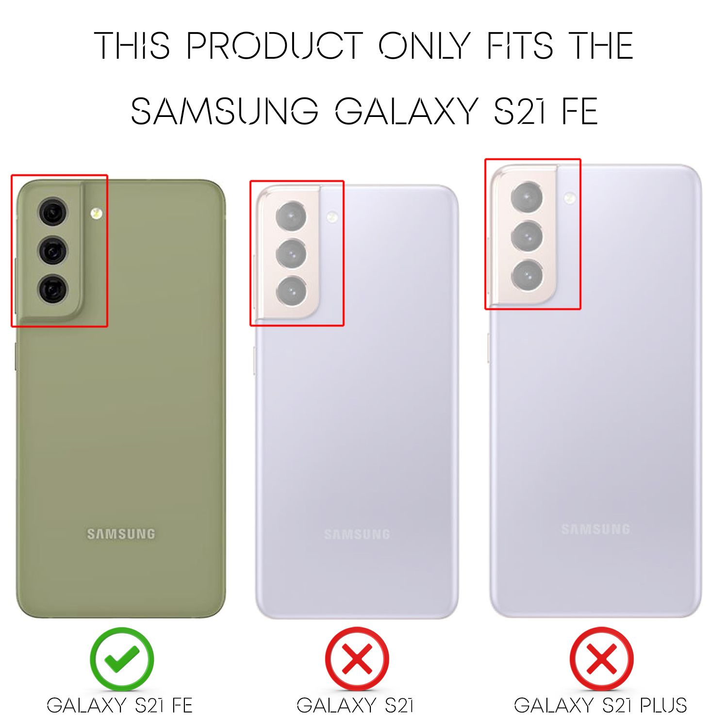 Samsung S21 FE, S21, S21 Plus Telefone. S21 FE ist korrekt; S21, S21 Plus sind falsch.