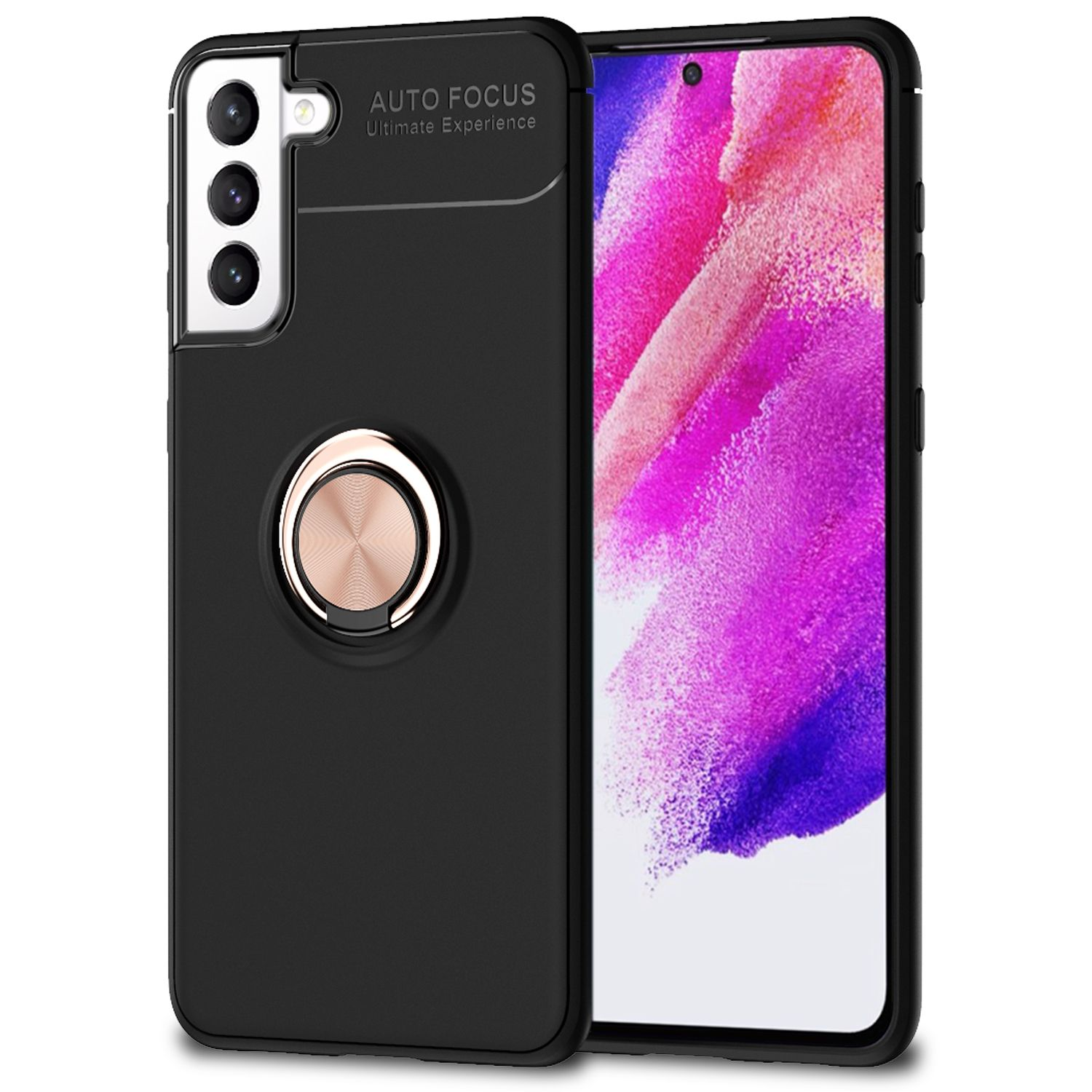 Funda negra para teléfono con soporte de anillo dorado y teléfono morado sobre fondo blanco.