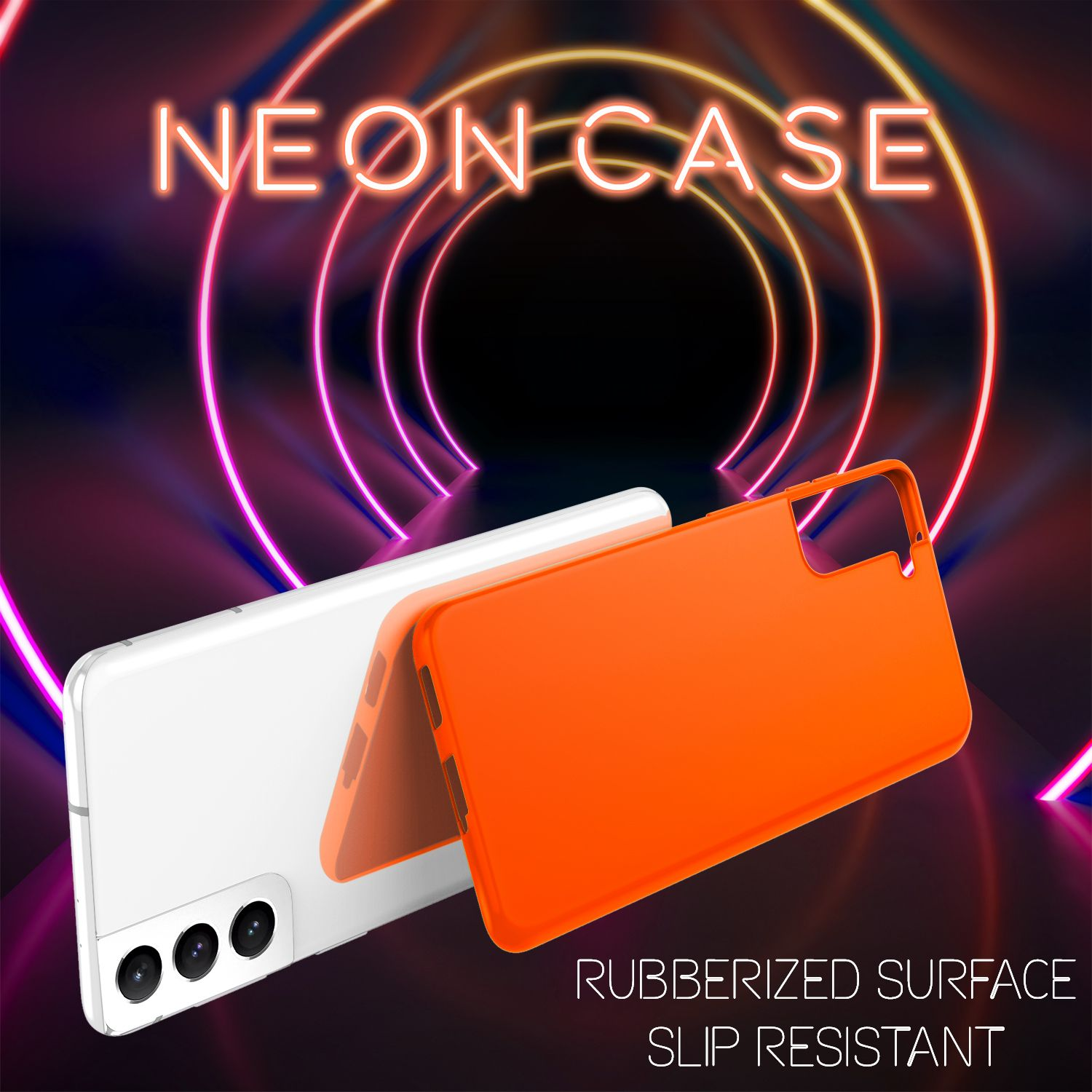 Handyhülle mit Neon-Gehäuse-Text. Es hat orange und weiße Farbe, eine gummierte Oberfläche und ist rutschfest.