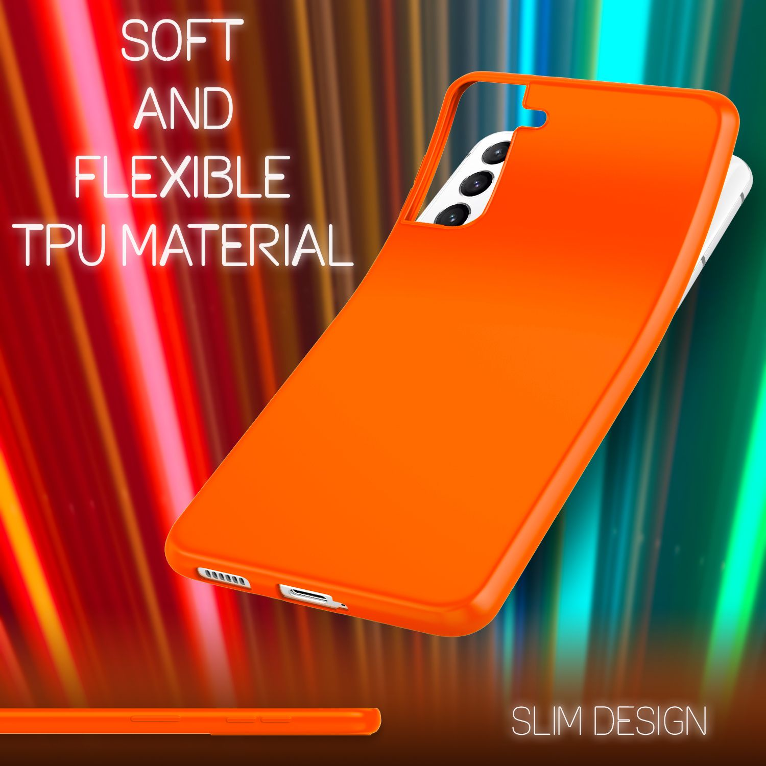 Orangefarbene Handyhülle, schlankes Design, Text: weiches und flexibles TPU-Material. Der Hintergrund hat einen Farbverlauf.