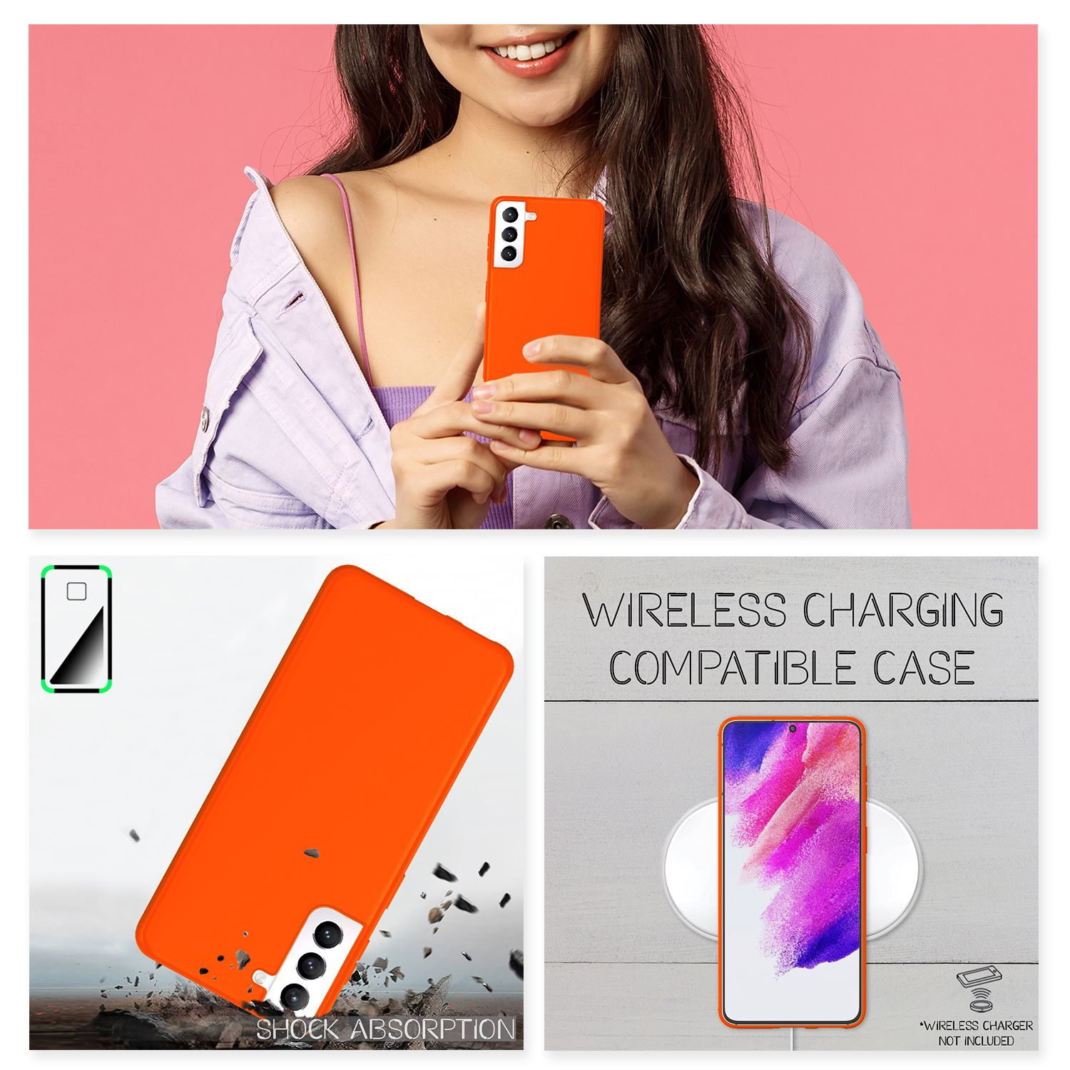 Frau hält ein orangefarbenes Telefon. Zusätzliche Aufnahmen zeigen das Telefon und die Stoßdämpfung.