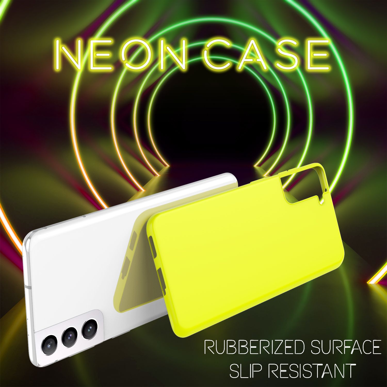 Neonhülle mit weißem Telefon und gelber Hülle. Neonlichter im Hintergrund.