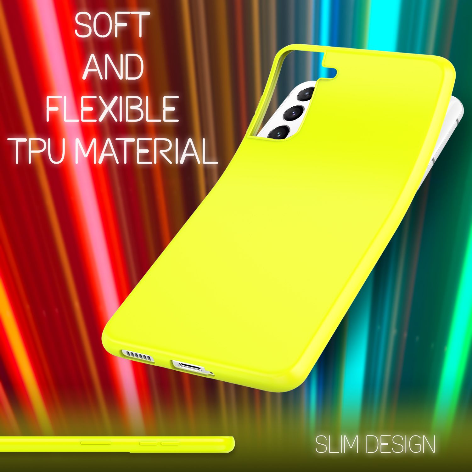 Eine leuchtend gelbe Handyhülle mit Text 'WEICH UND FLEXIBLES TPU-MATERIAL' und 'SCHLANKES DESIGN'.
