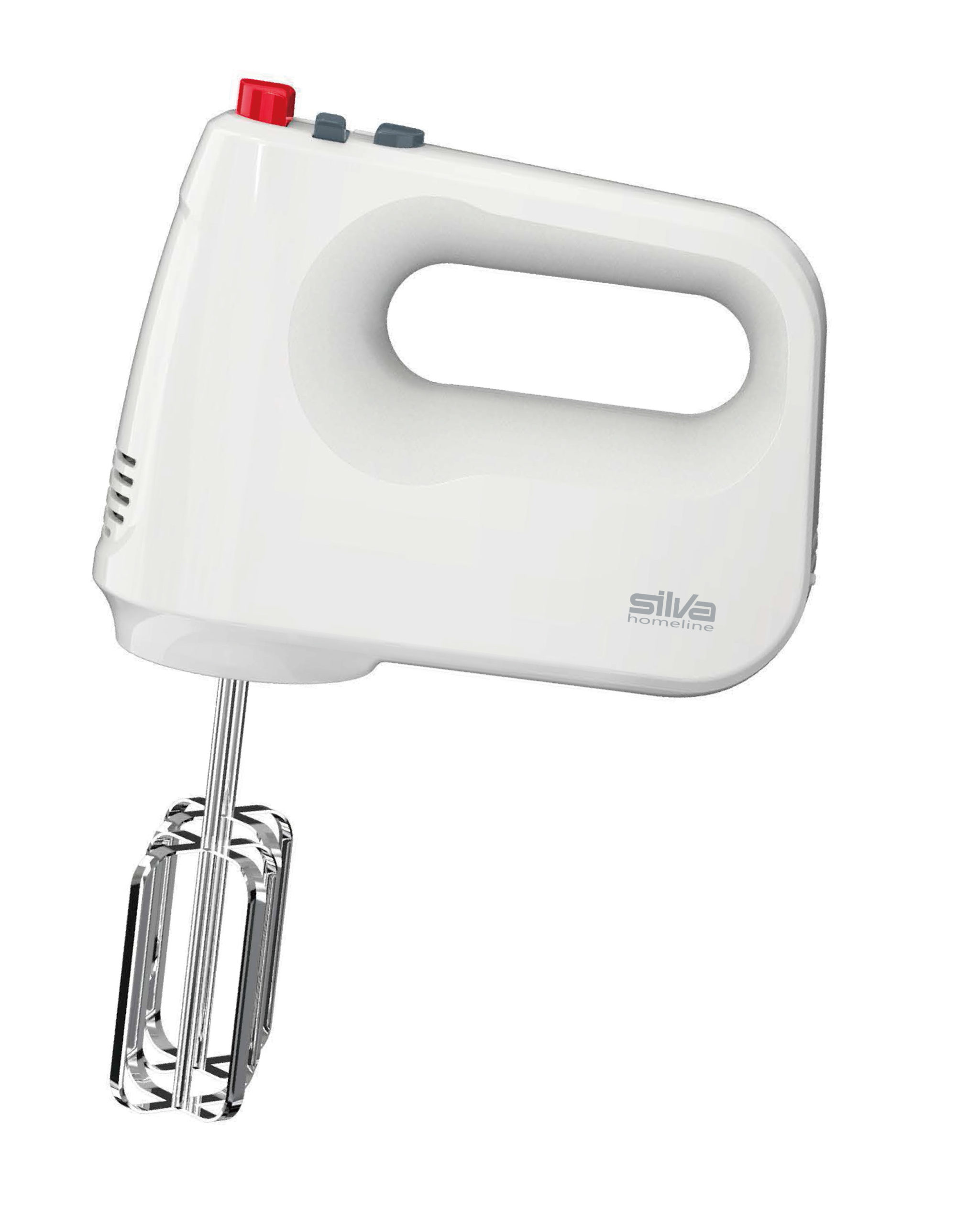 Weißer Handmixer mit roter Taste und silbernen Schlagbesen. Er steht vor weißem Hintergrund.
