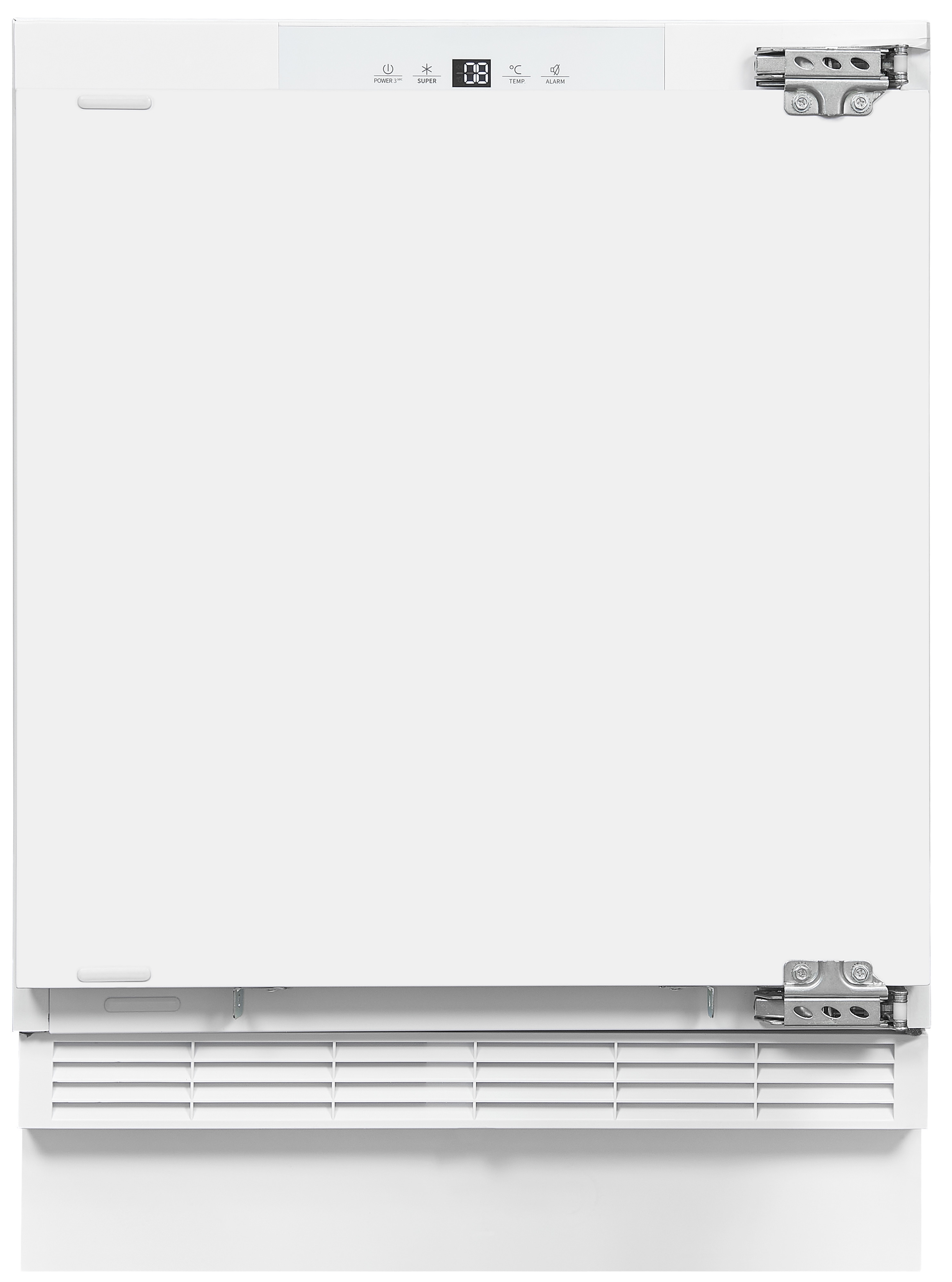 Weißer Kühlschrank mit Digitalanzeige und Bedientasten. Untere Lüftung und ein einfaches Design.