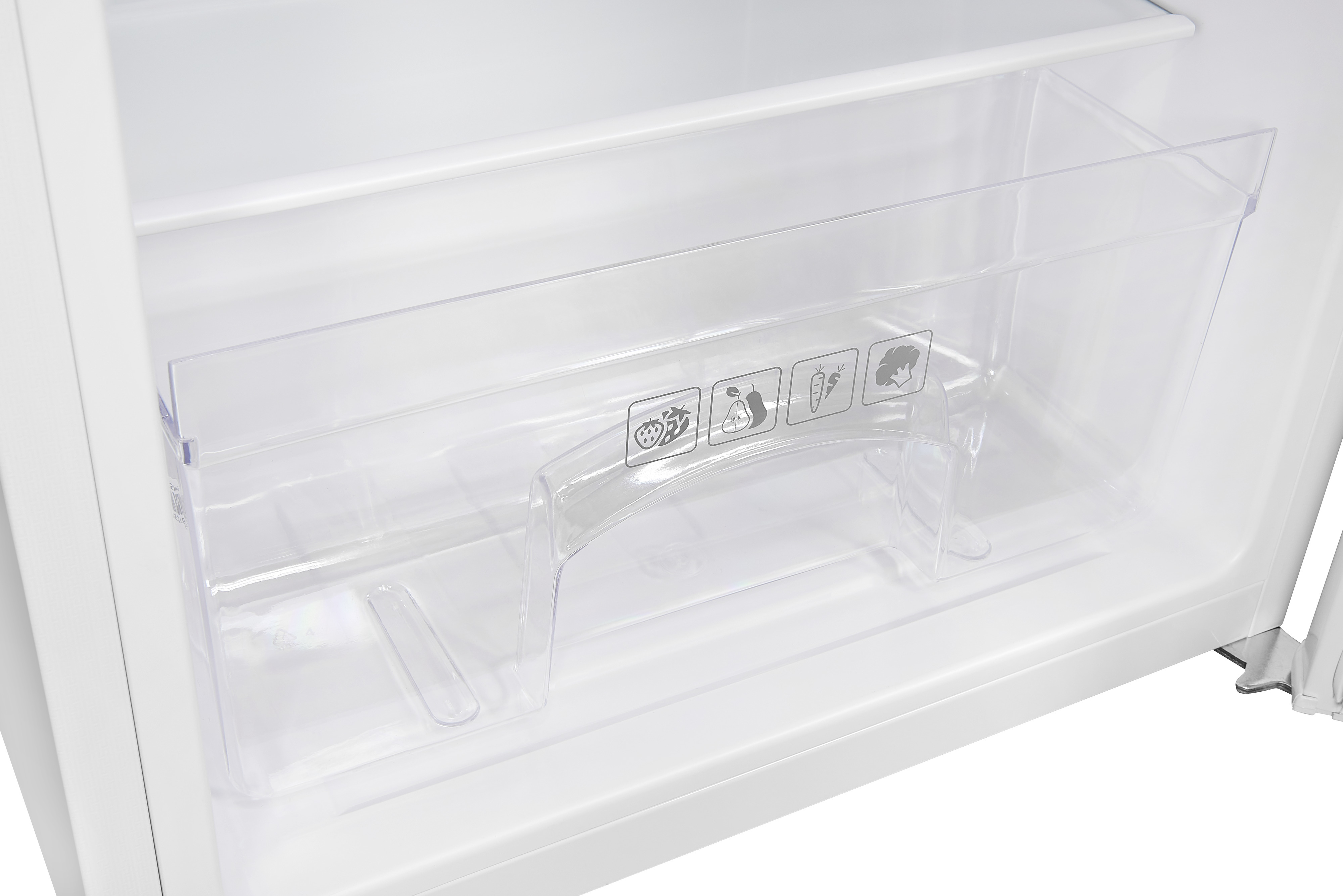 A close-up of a refrigerator interior with a clear plastic drawer for storing vegetables and fruits.
