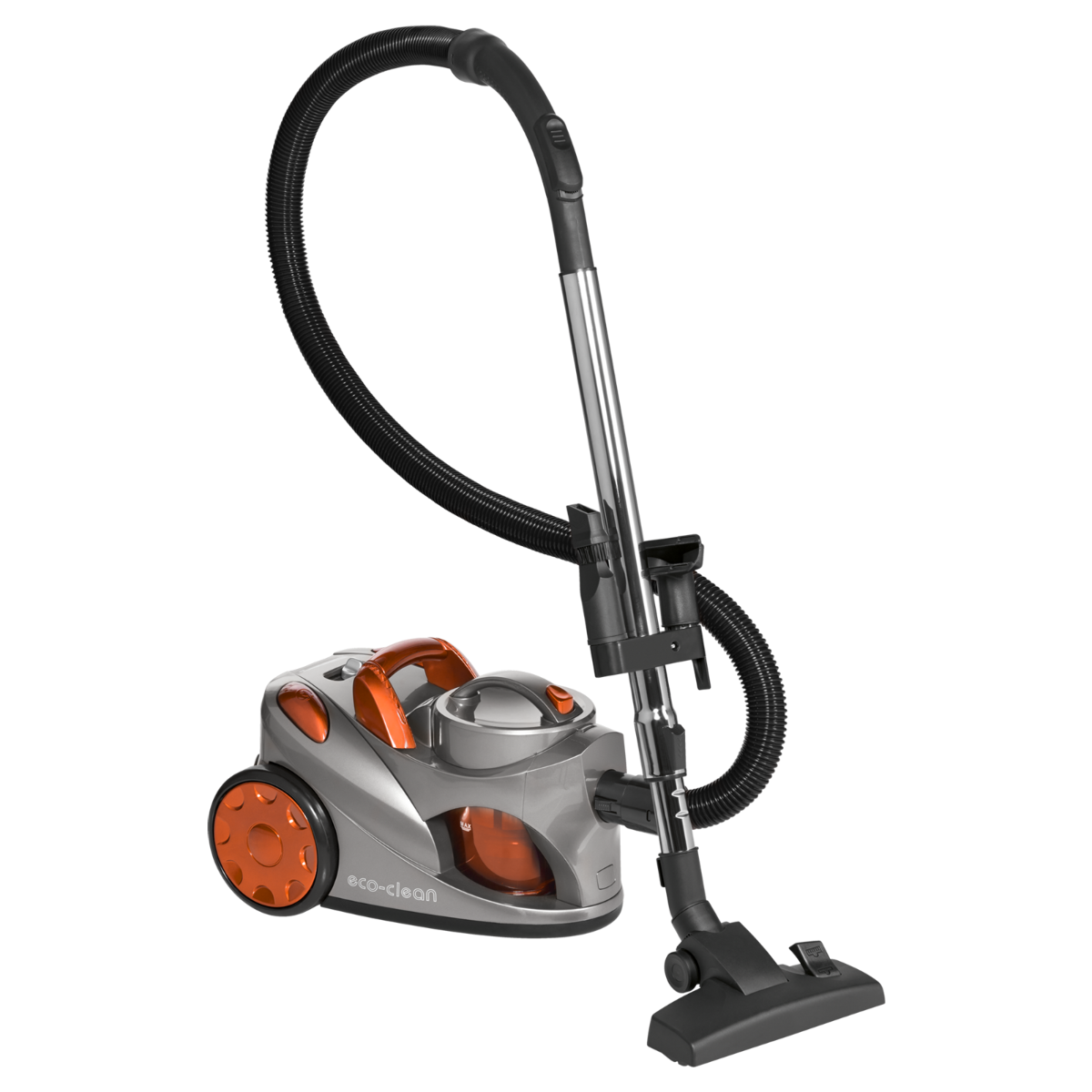 Szaro-pomarańczowy odkurzacz z czarnym wężem i uchwytem, na ciemnym tle.